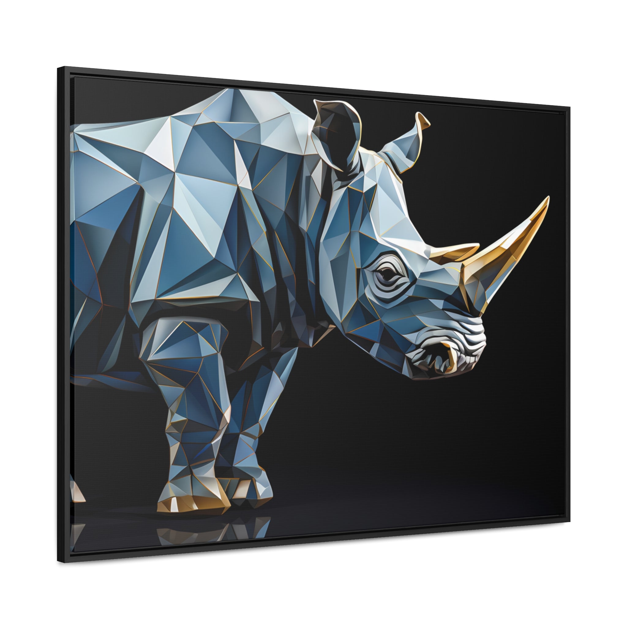 Transcendent Tusk: Blue Cubist Rhino, Giclée wrapped in dark frame