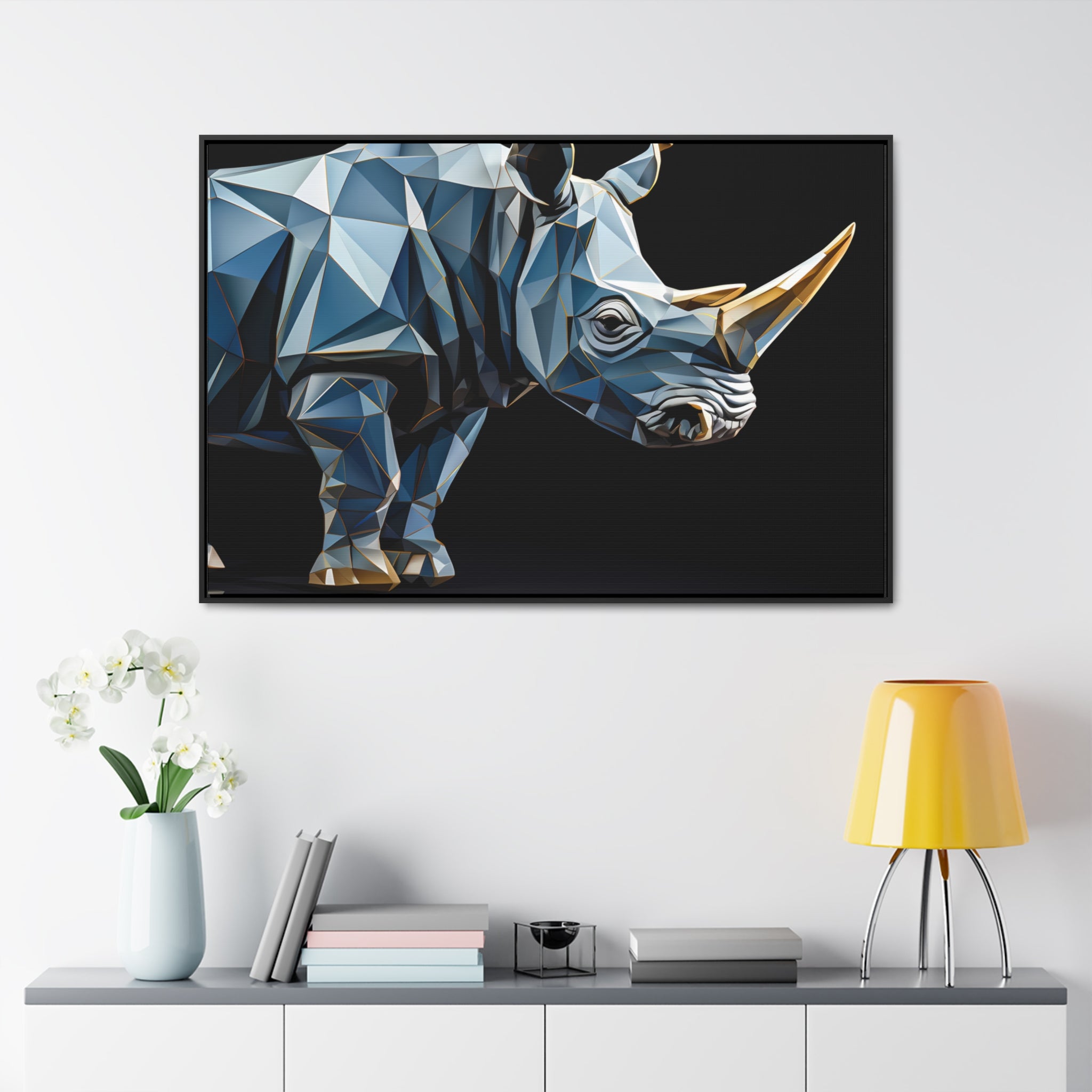 Transcendent Tusk: Blue Cubist Rhino, Giclée wrapped in dark frame