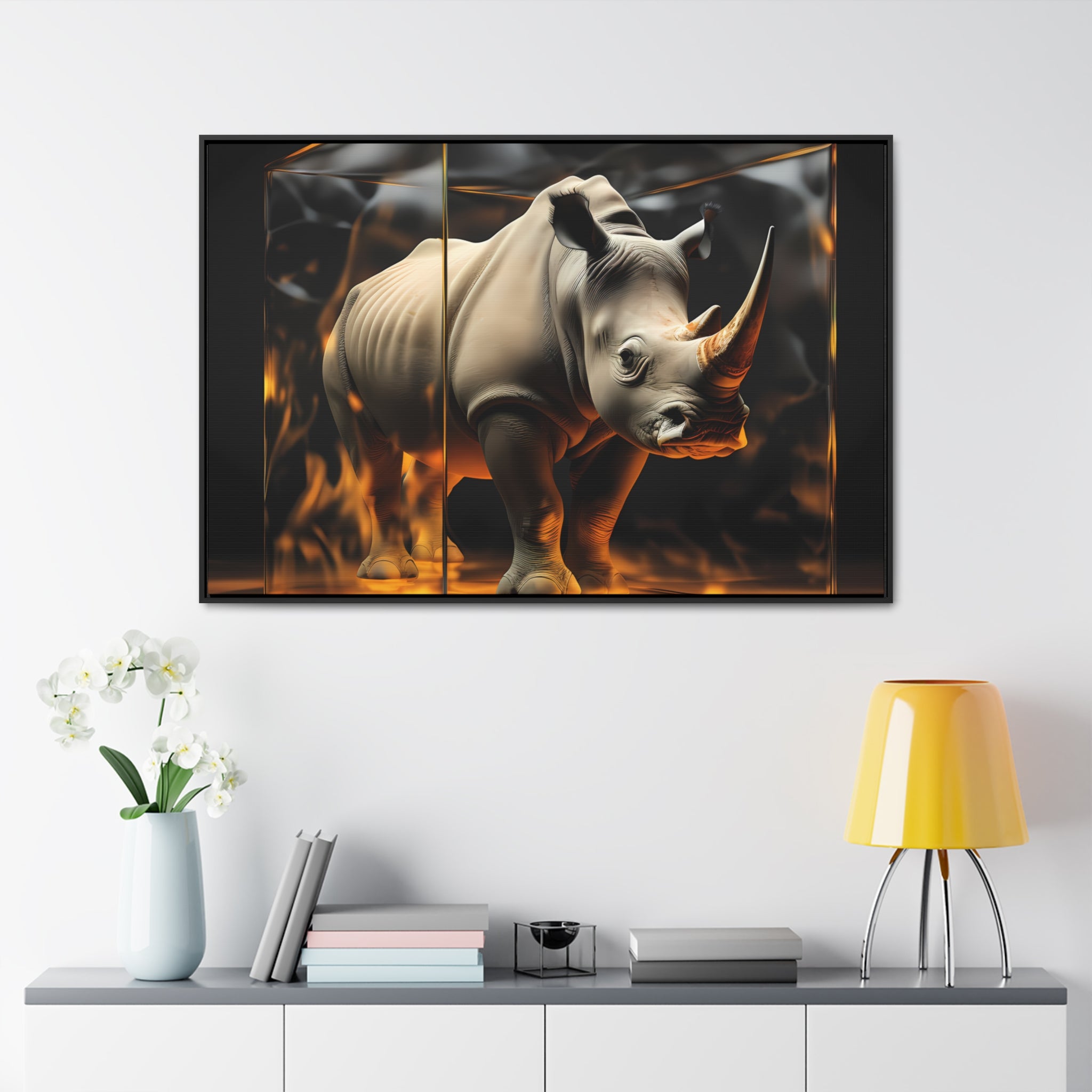 Frozen Flames: Stylized Rhino in Ice and Fire (Giclée)