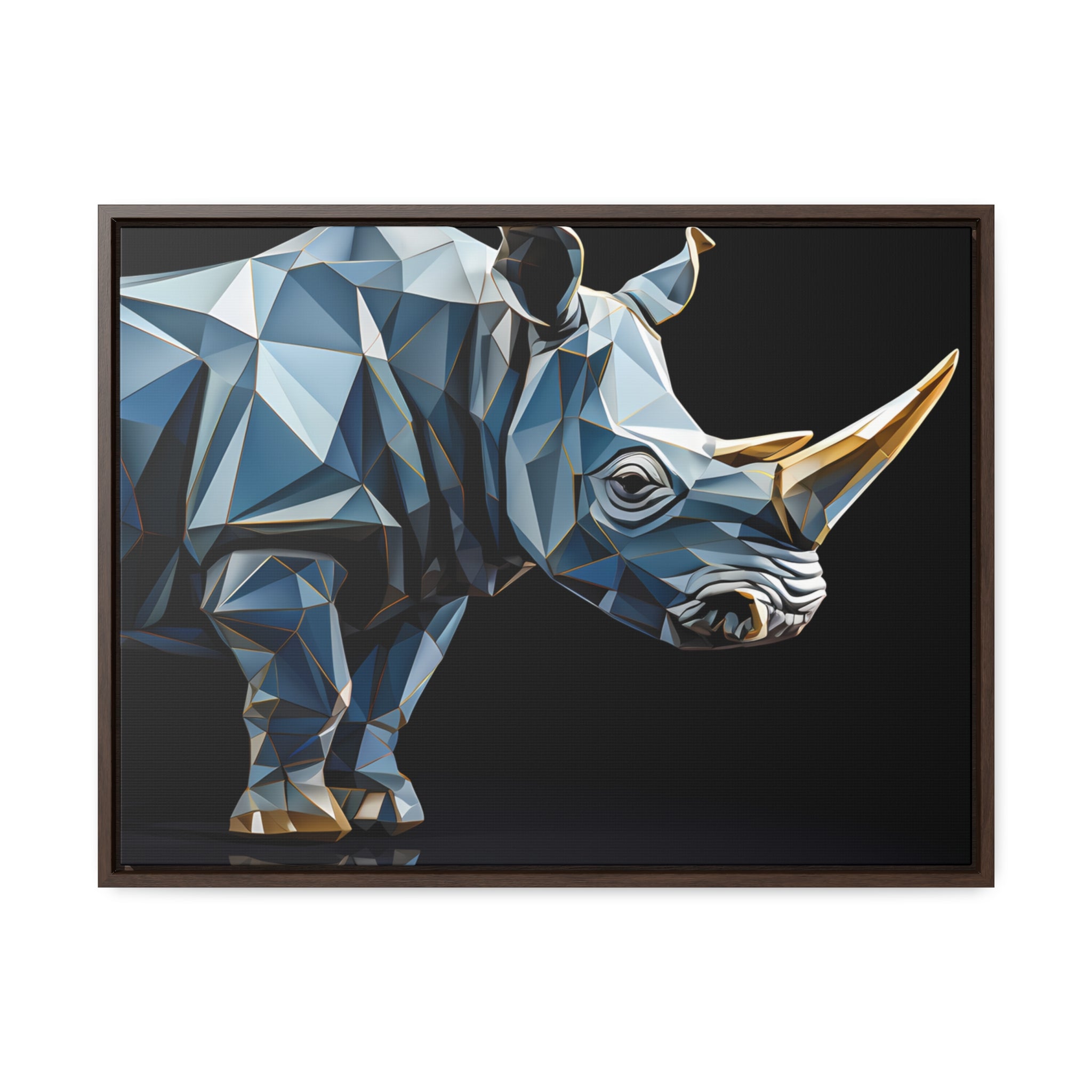 Transcendent Tusk: Blue Cubist Rhino, Giclée wrapped in dark frame