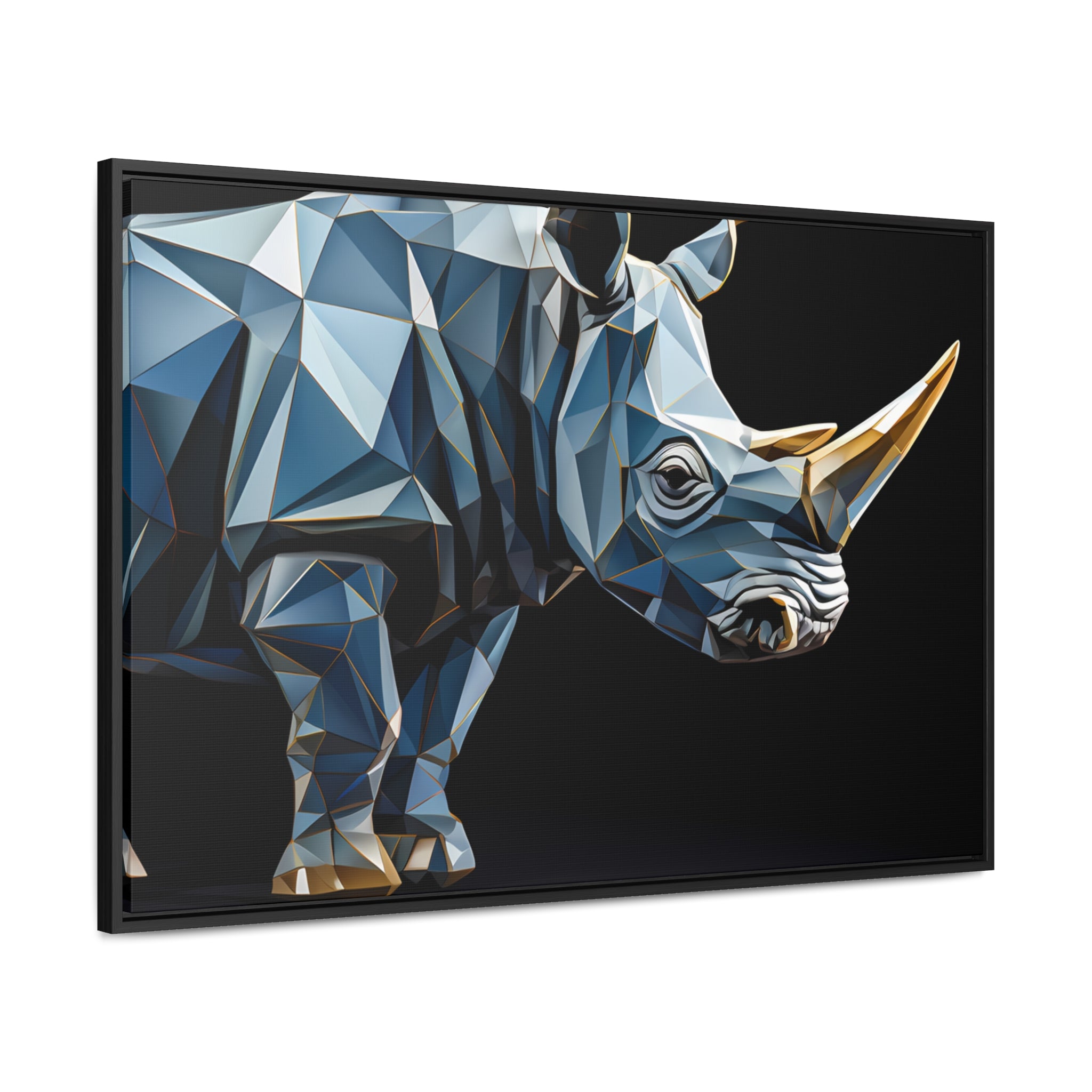 Transcendent Tusk: Blue Cubist Rhino, Giclée wrapped in dark frame