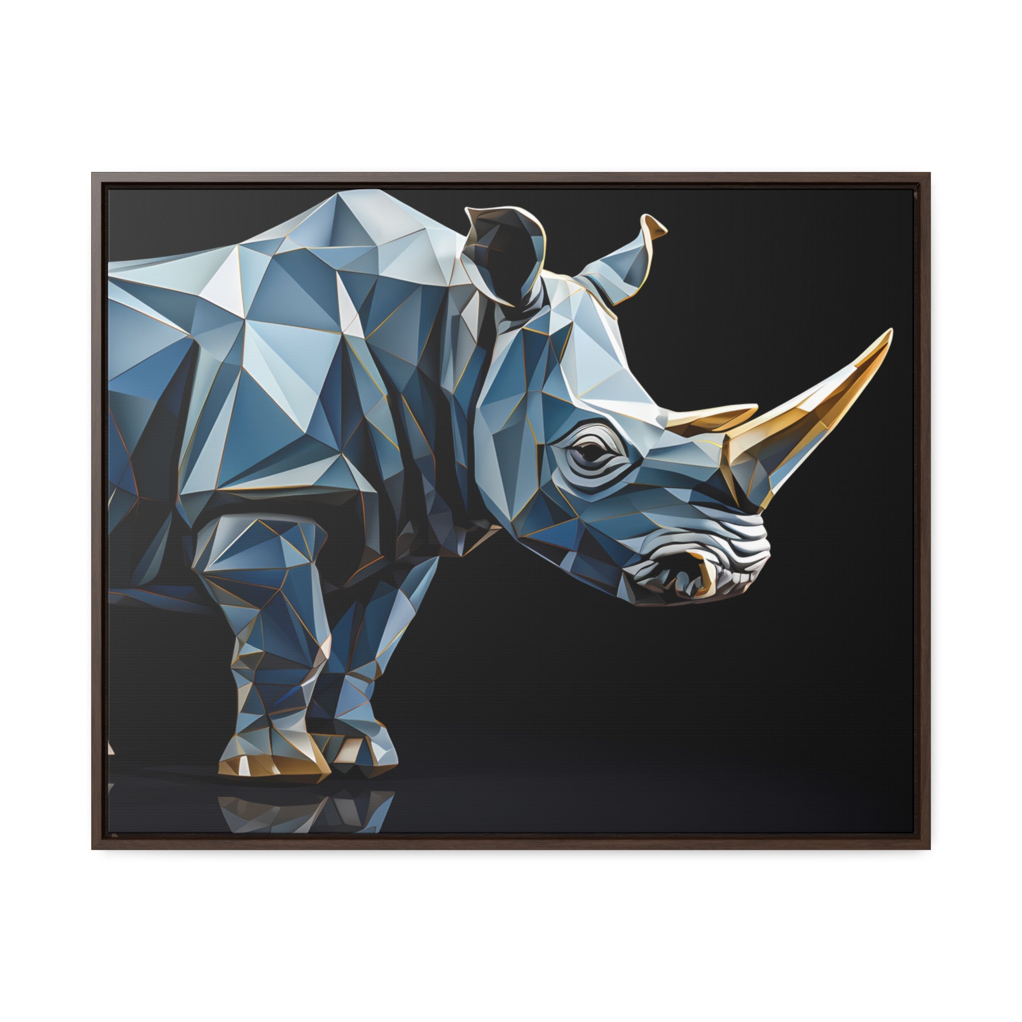 Transcendent Tusk: Blue Cubist Rhino, Giclée wrapped in dark frame