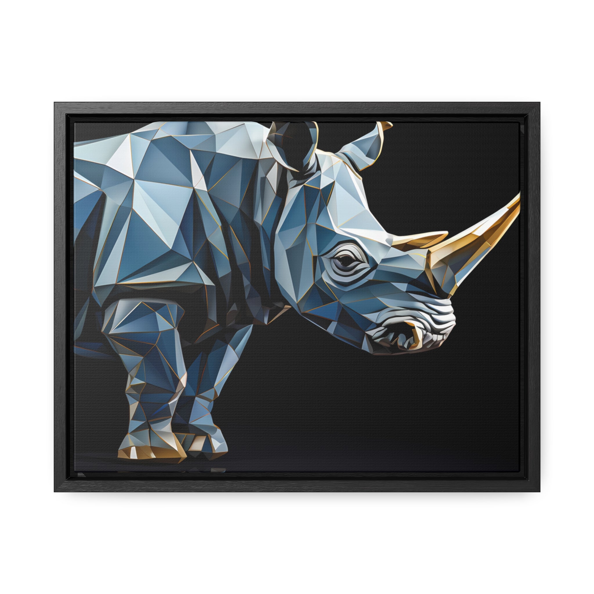 Transcendent Tusk: Blue Cubist Rhino, Giclée wrapped in dark frame