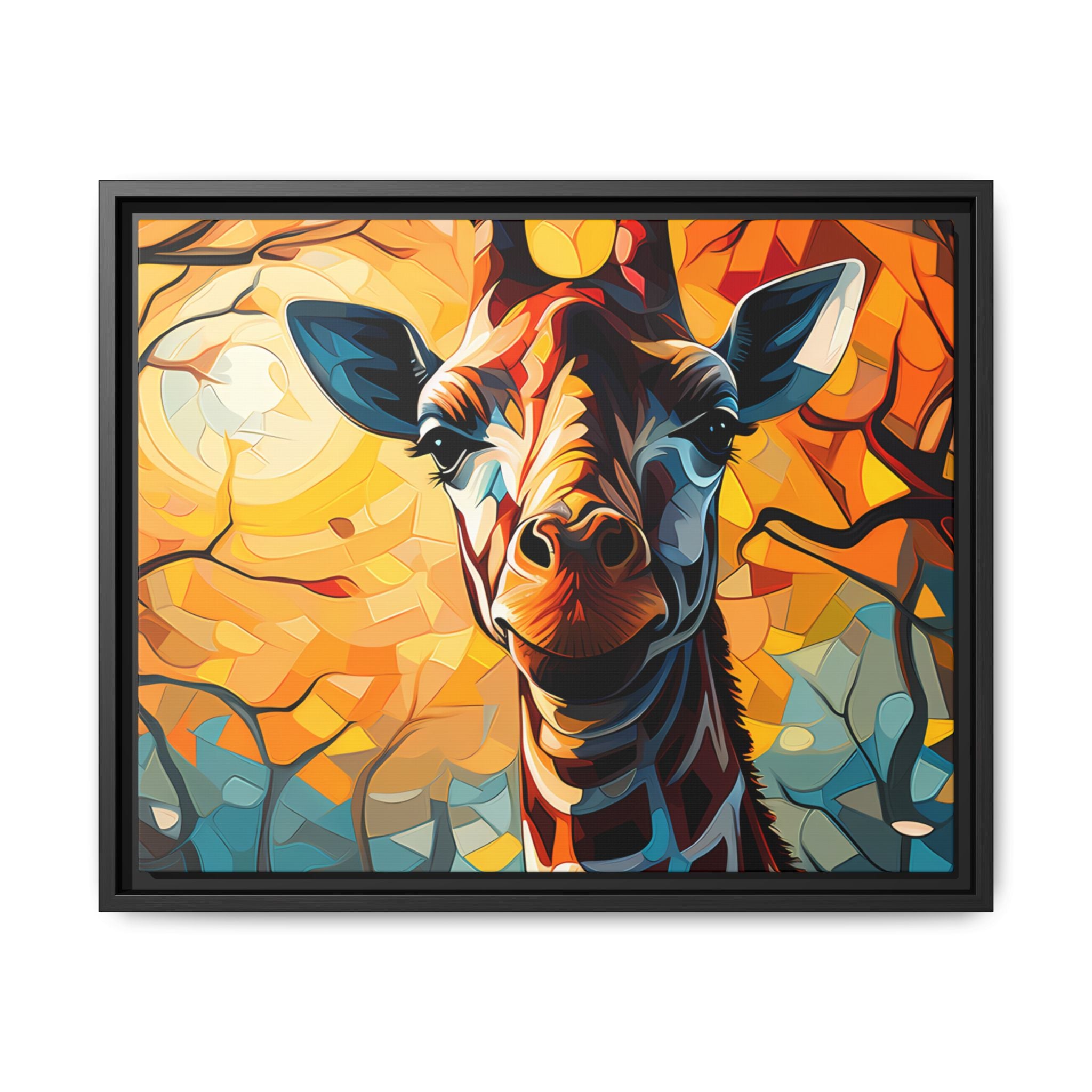 Serenity's Glow: Giraffe in Sunlit Forest (Giclée in Black Frame)