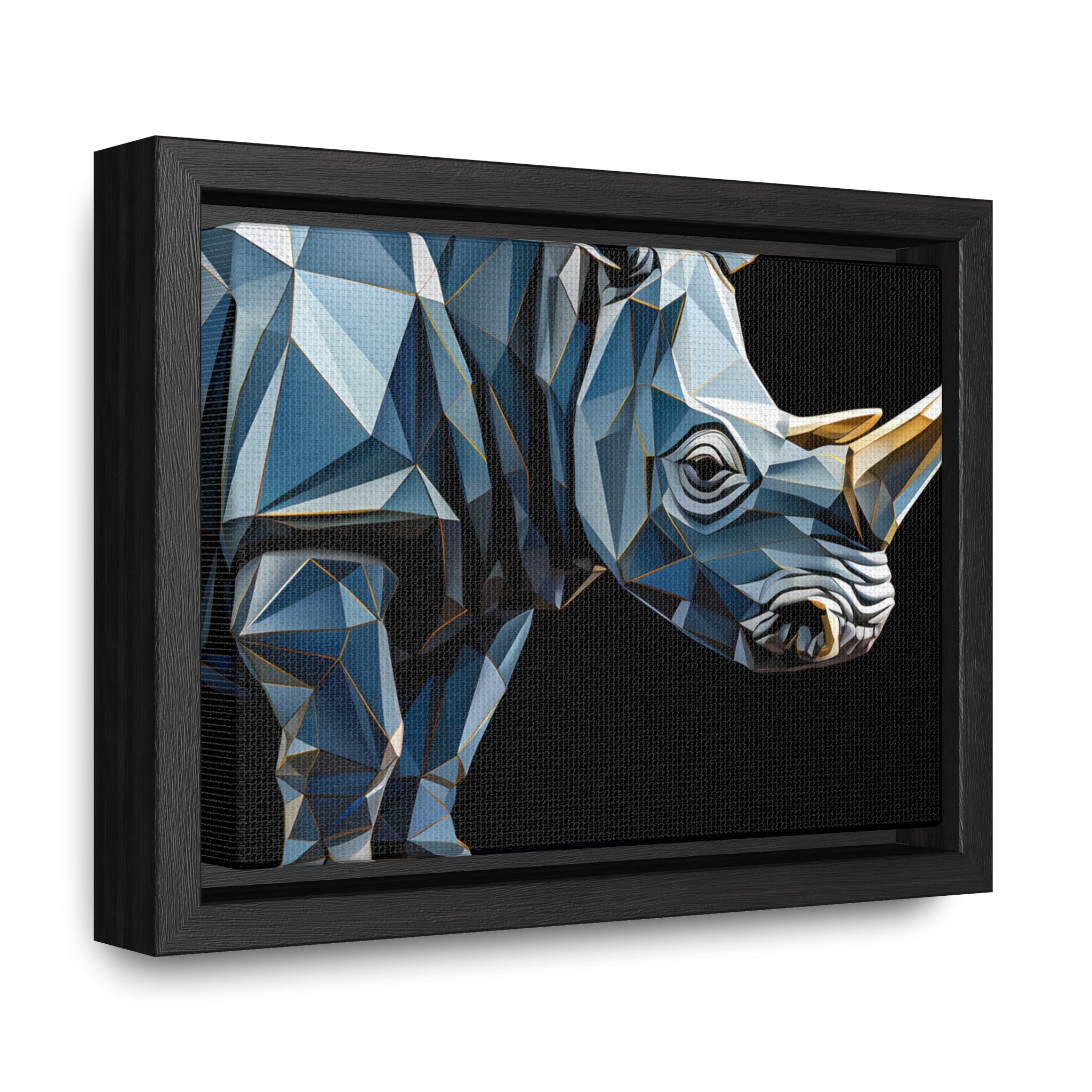 Transcendent Tusk: Blue Cubist Rhino, Giclée wrapped in dark frame