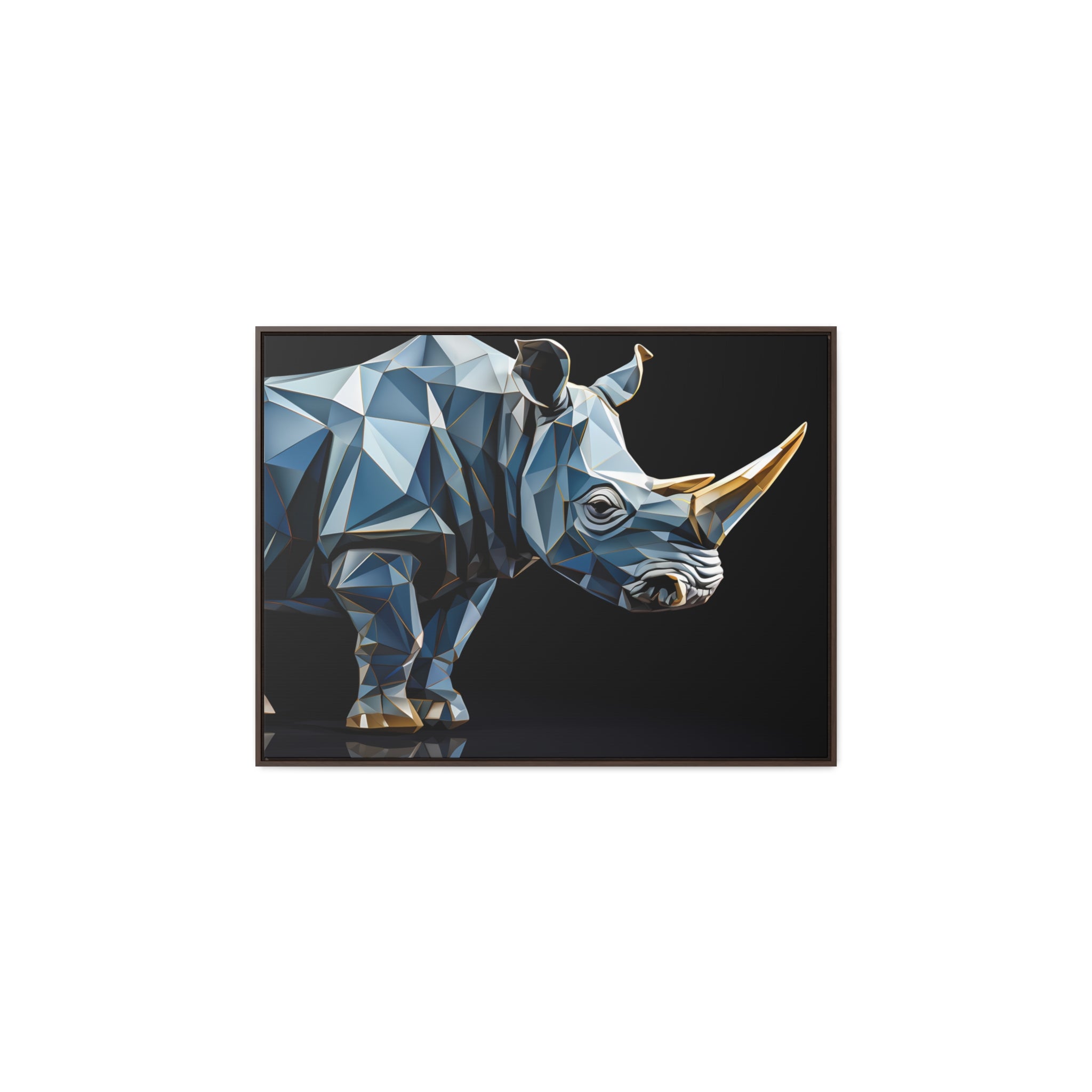 Transcendent Tusk: Blue Cubist Rhino, Giclée wrapped in dark frame