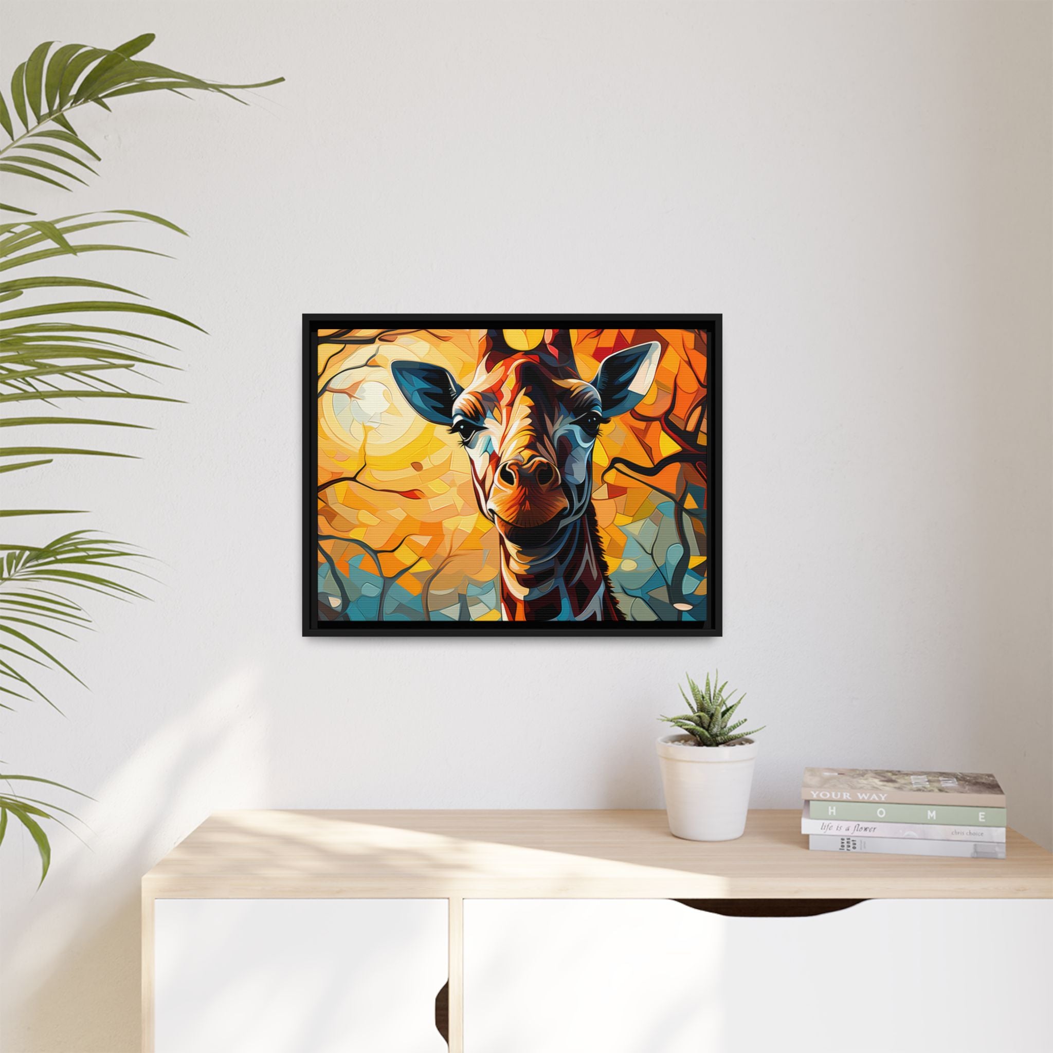 Serenity's Glow: Giraffe in Sunlit Forest (Giclée in Black Frame)