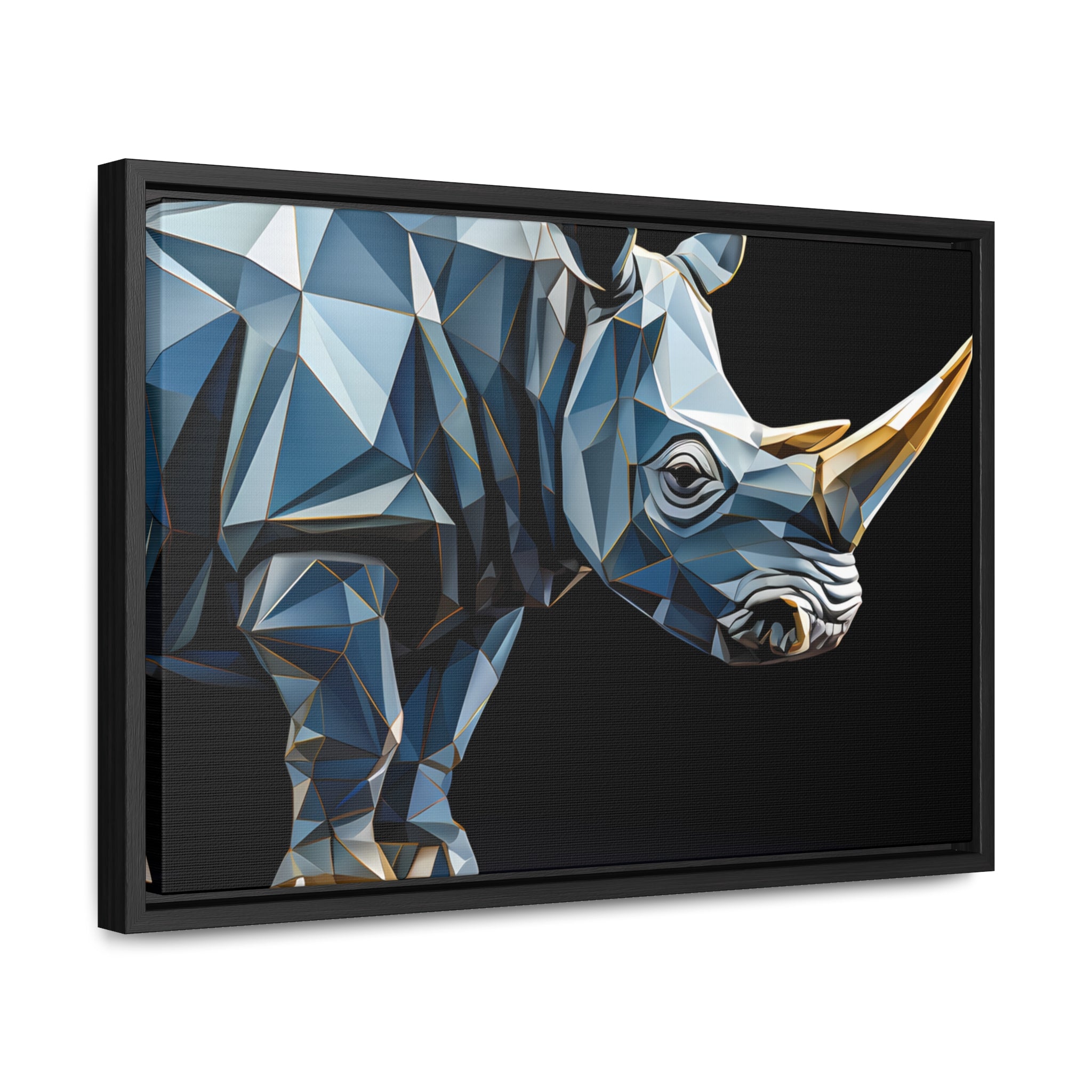 Transcendent Tusk: Blue Cubist Rhino, Giclée wrapped in dark frame