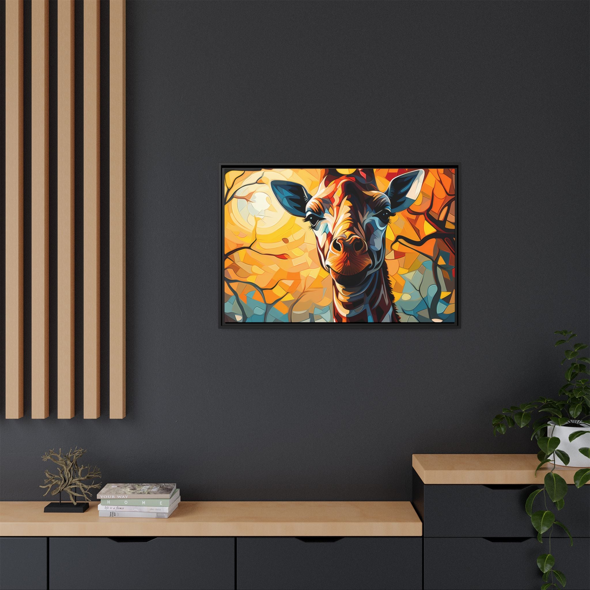 Serenity's Glow: Giraffe in Sunlit Forest (Giclée in Black Frame)