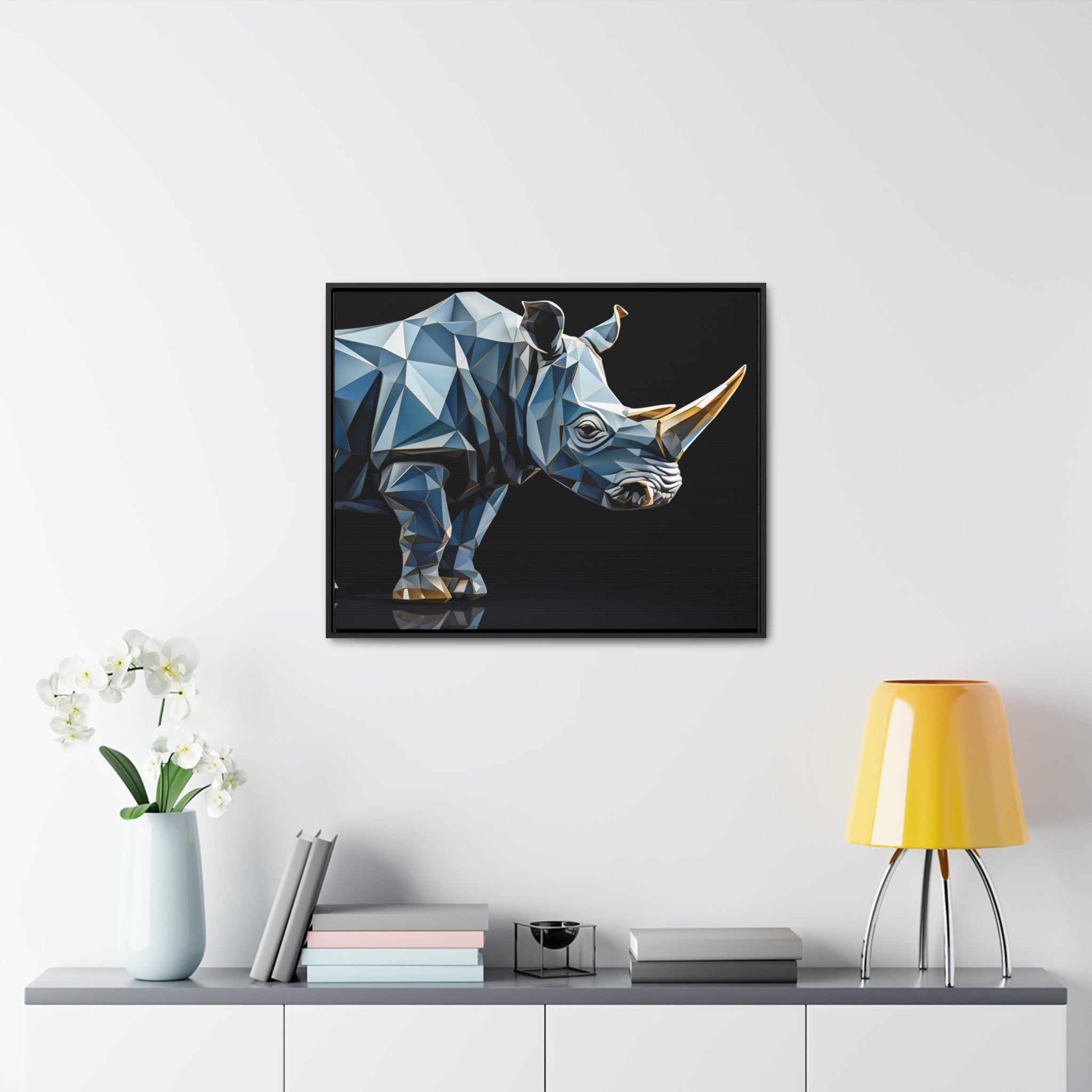 Transcendent Tusk: Blue Cubist Rhino, Giclée wrapped in dark frame