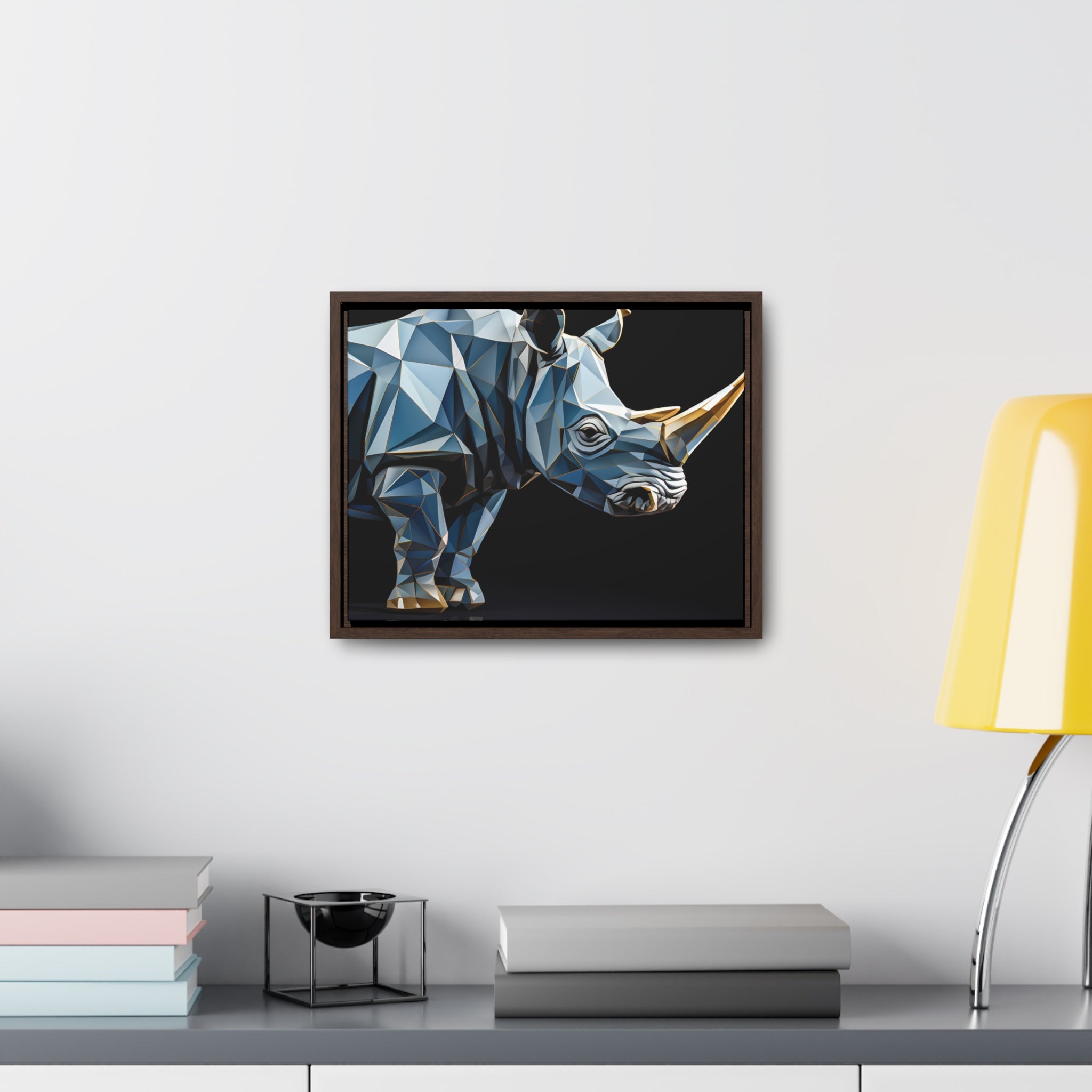 Transcendent Tusk: Blue Cubist Rhino, Giclée wrapped in dark frame