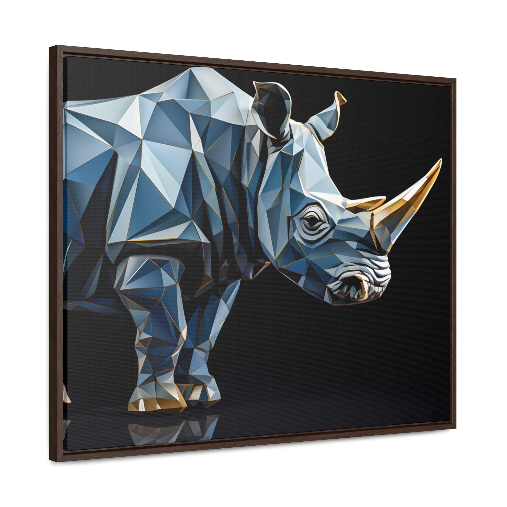 Transcendent Tusk: Blue Cubist Rhino, Giclée wrapped in dark frame