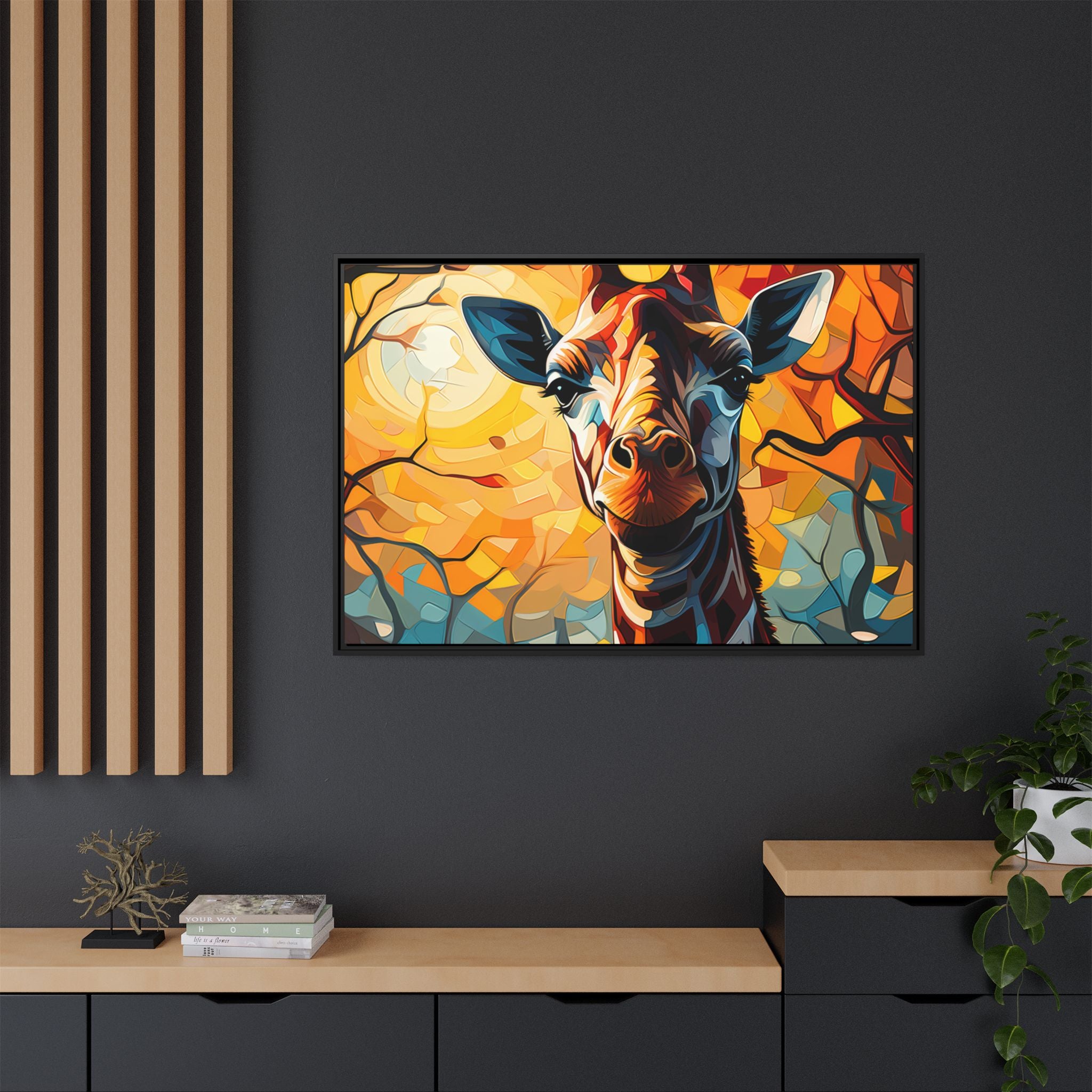 Serenity's Glow: Giraffe in Sunlit Forest (Giclée in Black Frame)