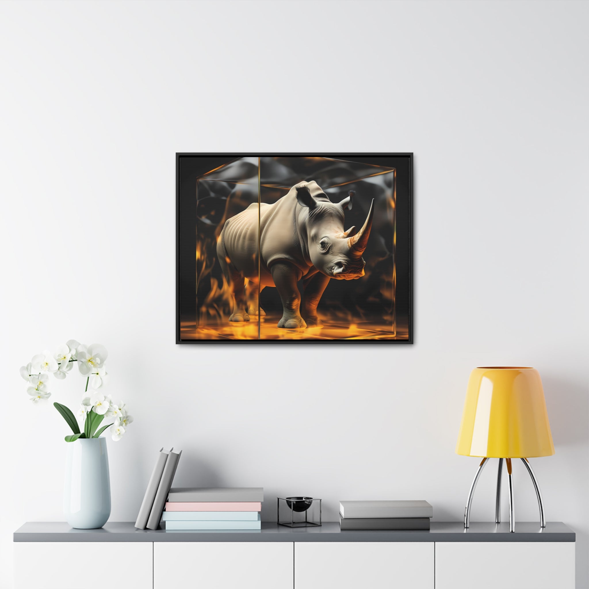 Frozen Flames: Stylized Rhino in Ice and Fire (Giclée)