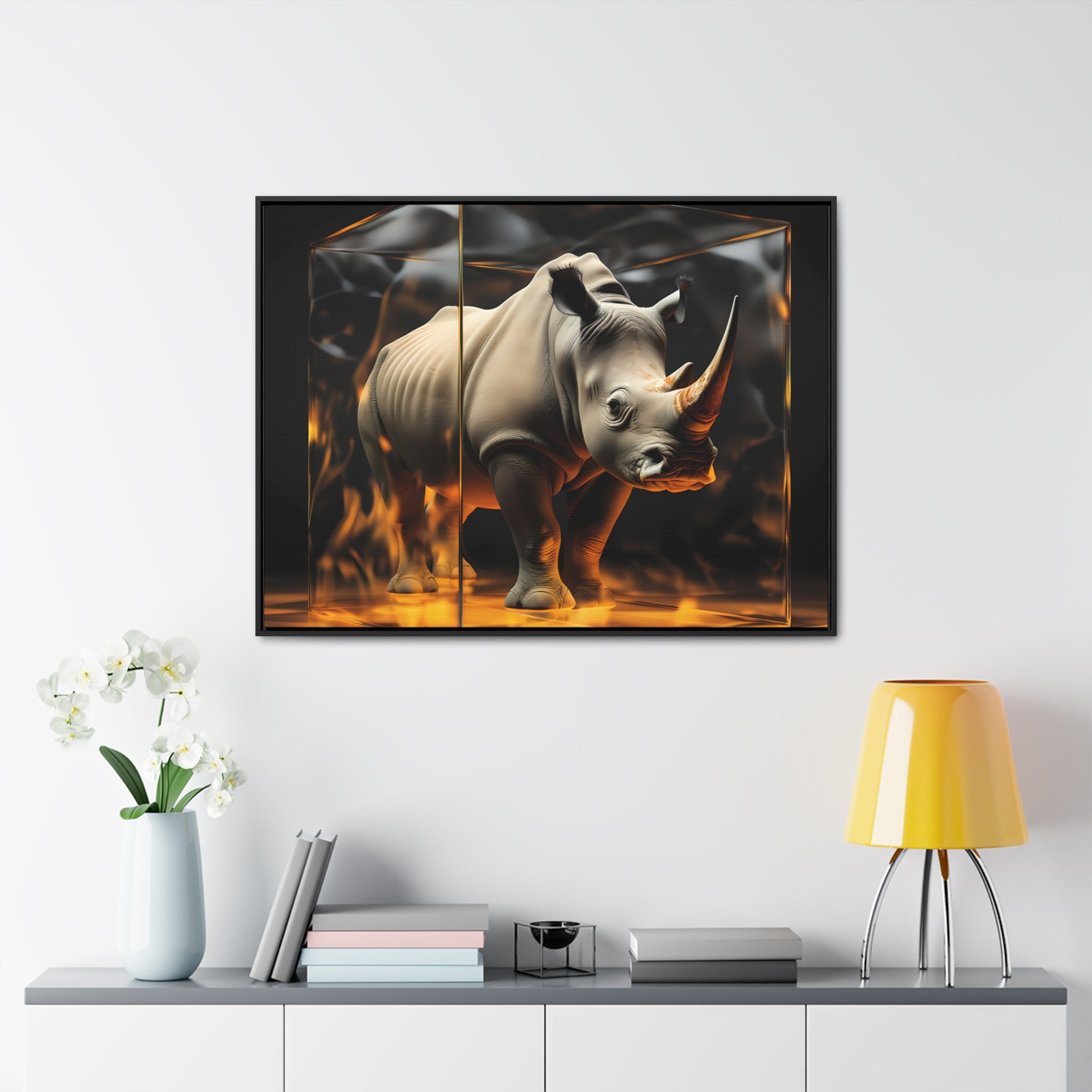 Frozen Flames: Stylized Rhino in Ice and Fire (Giclée)