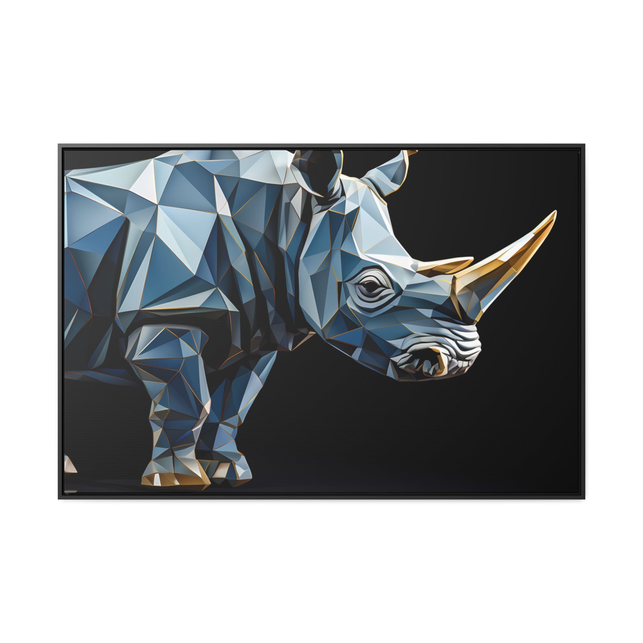 Transcendent Tusk: Blue Cubist Rhino, Giclée wrapped in dark frame