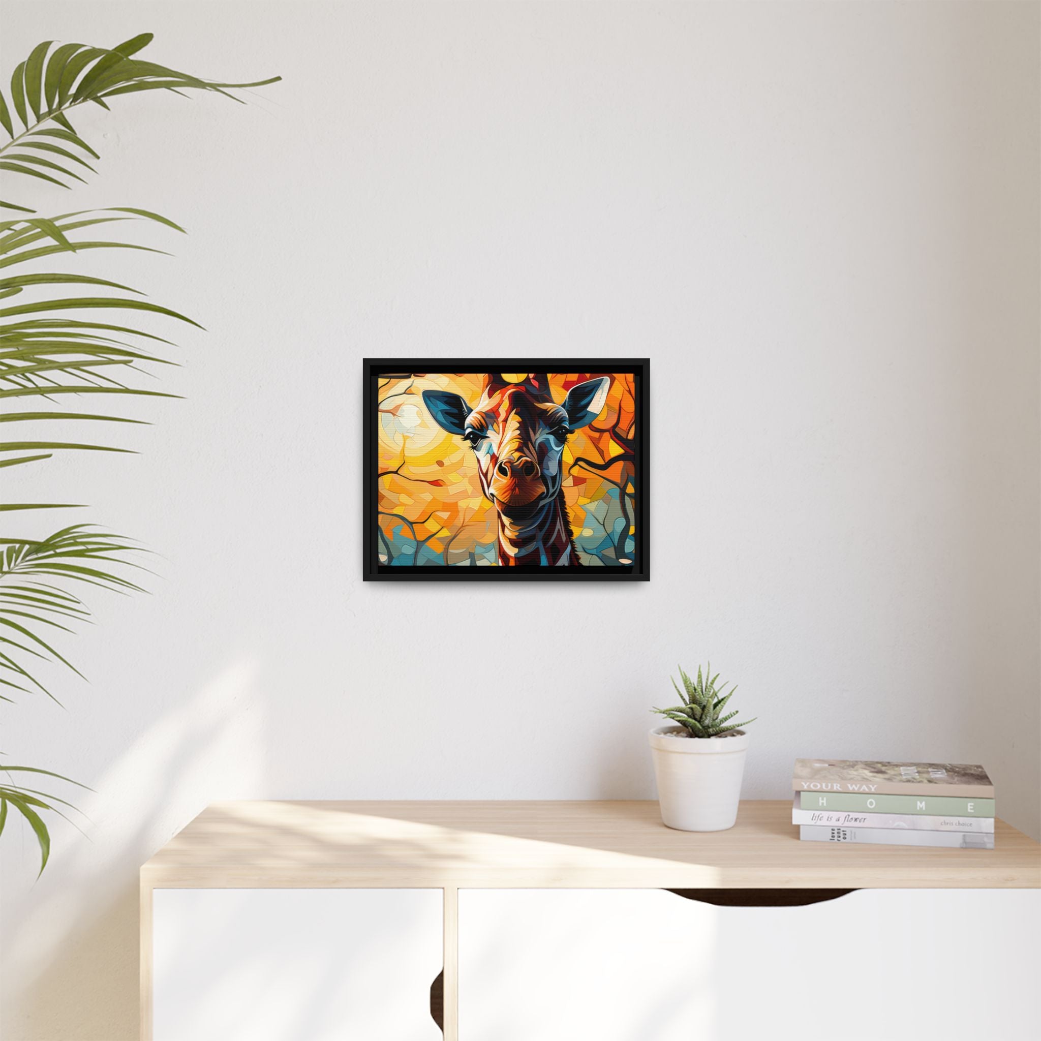 Serenity's Glow: Giraffe in Sunlit Forest (Giclée in Black Frame)