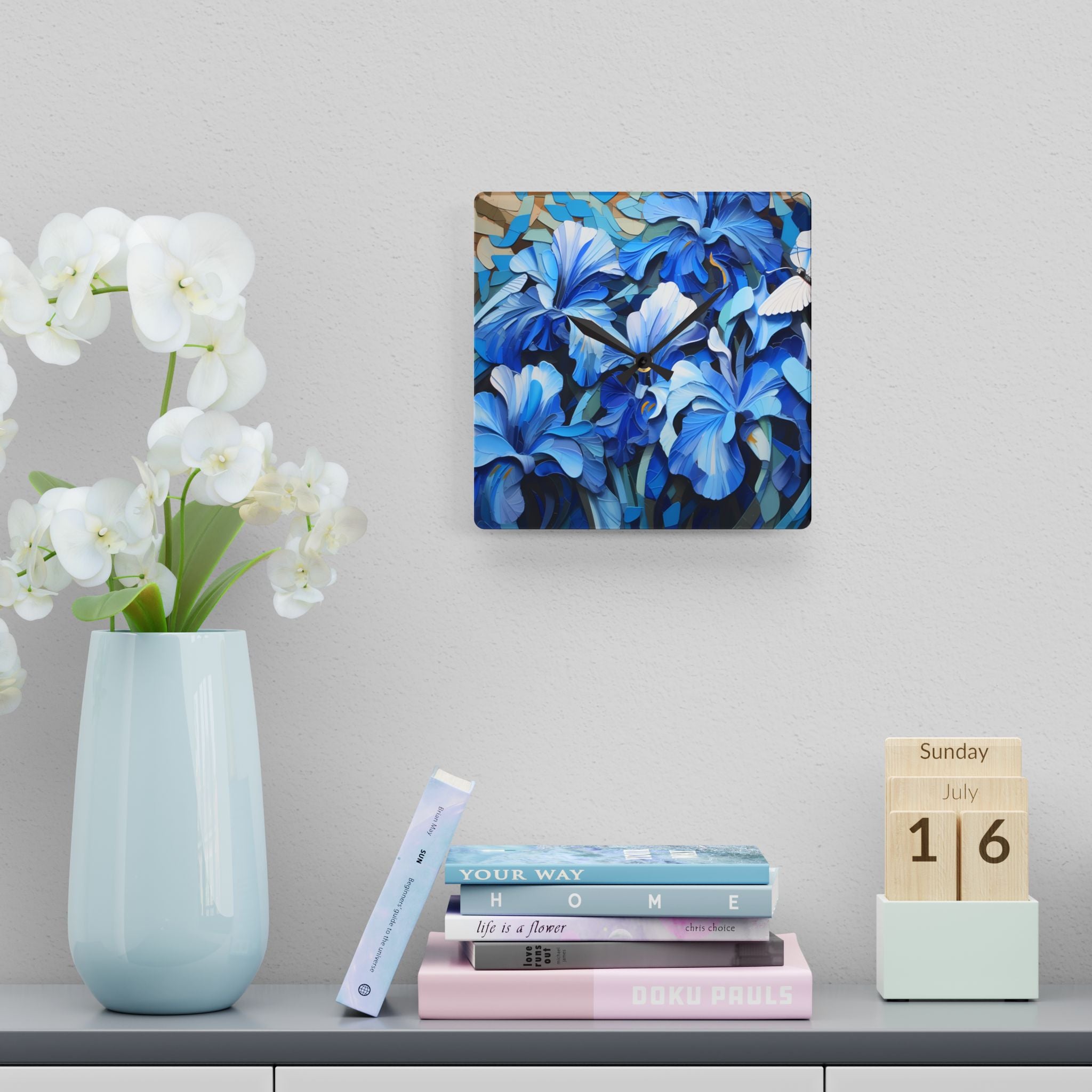 Timelessly Blue: A Floral Symphony on your Wall! (Acrylic Wall Clock)