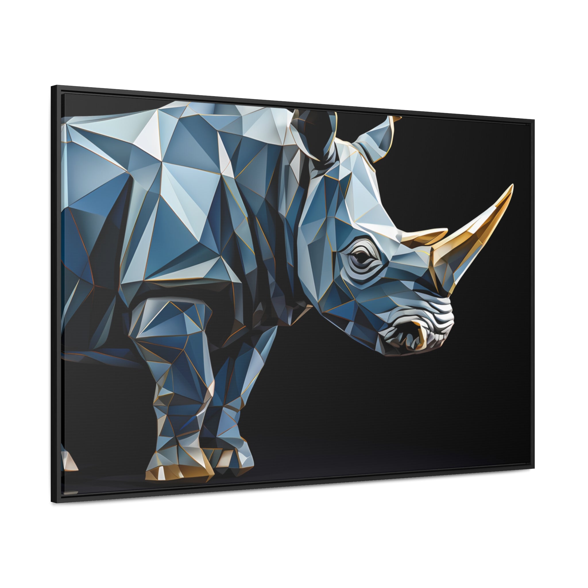 Transcendent Tusk: Blue Cubist Rhino, Giclée wrapped in dark frame