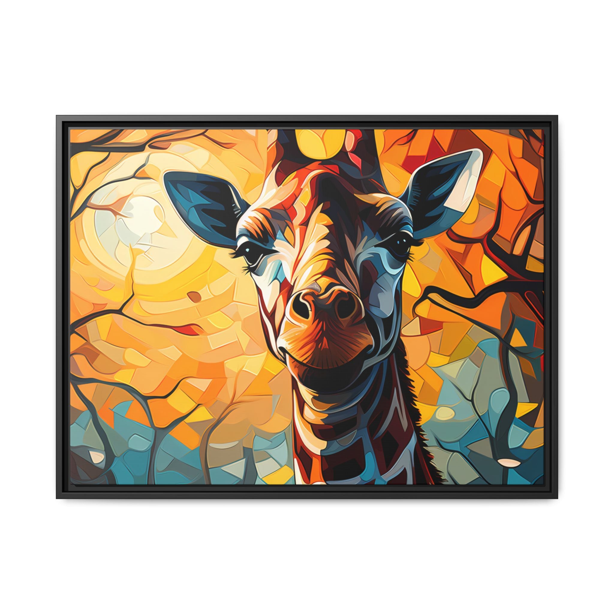 Serenity's Glow: Giraffe in Sunlit Forest (Giclée in Black Frame)