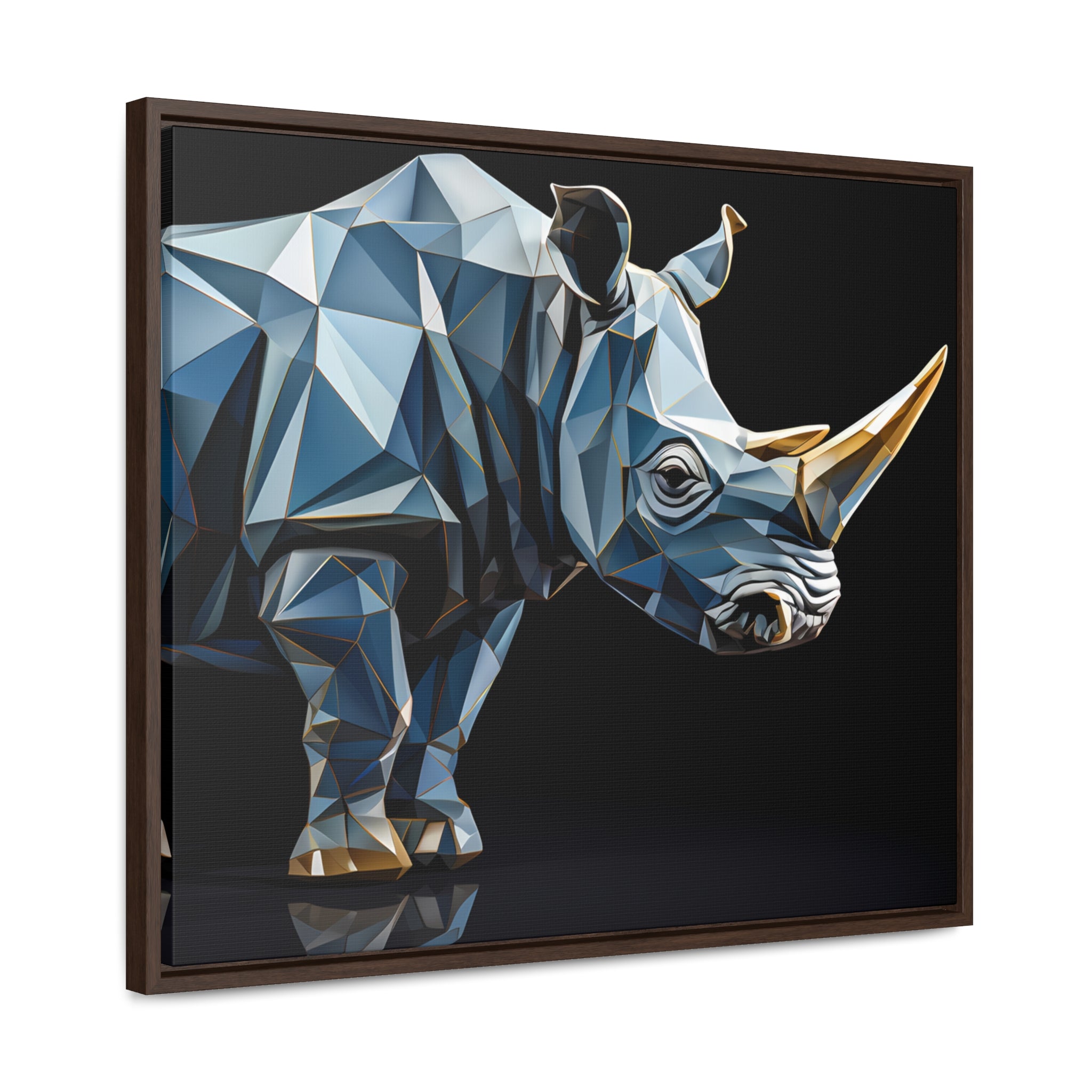 Transcendent Tusk: Blue Cubist Rhino, Giclée wrapped in dark frame