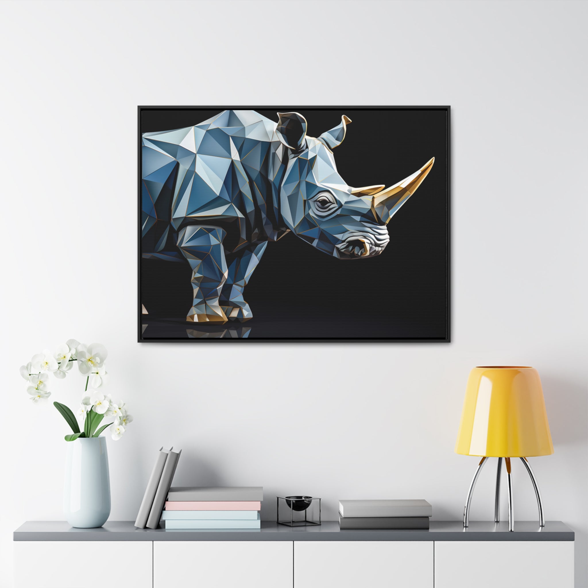 Transcendent Tusk: Blue Cubist Rhino, Giclée wrapped in dark frame