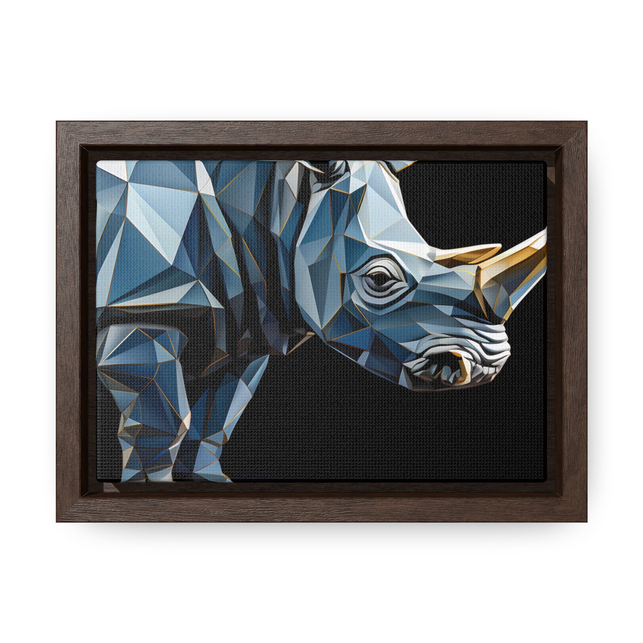 Transcendent Tusk: Blue Cubist Rhino, Giclée wrapped in dark frame