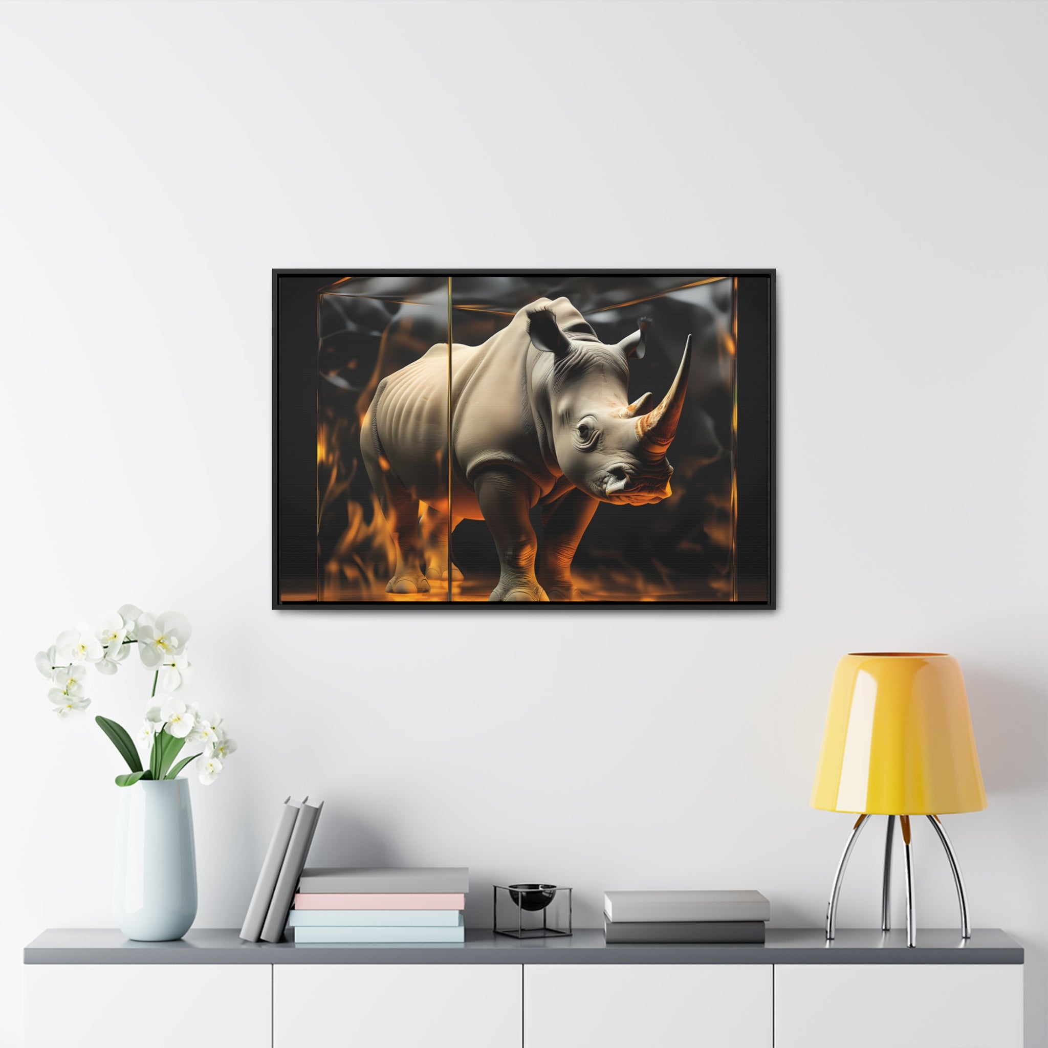 Frozen Flames: Stylized Rhino in Ice and Fire (Giclée)