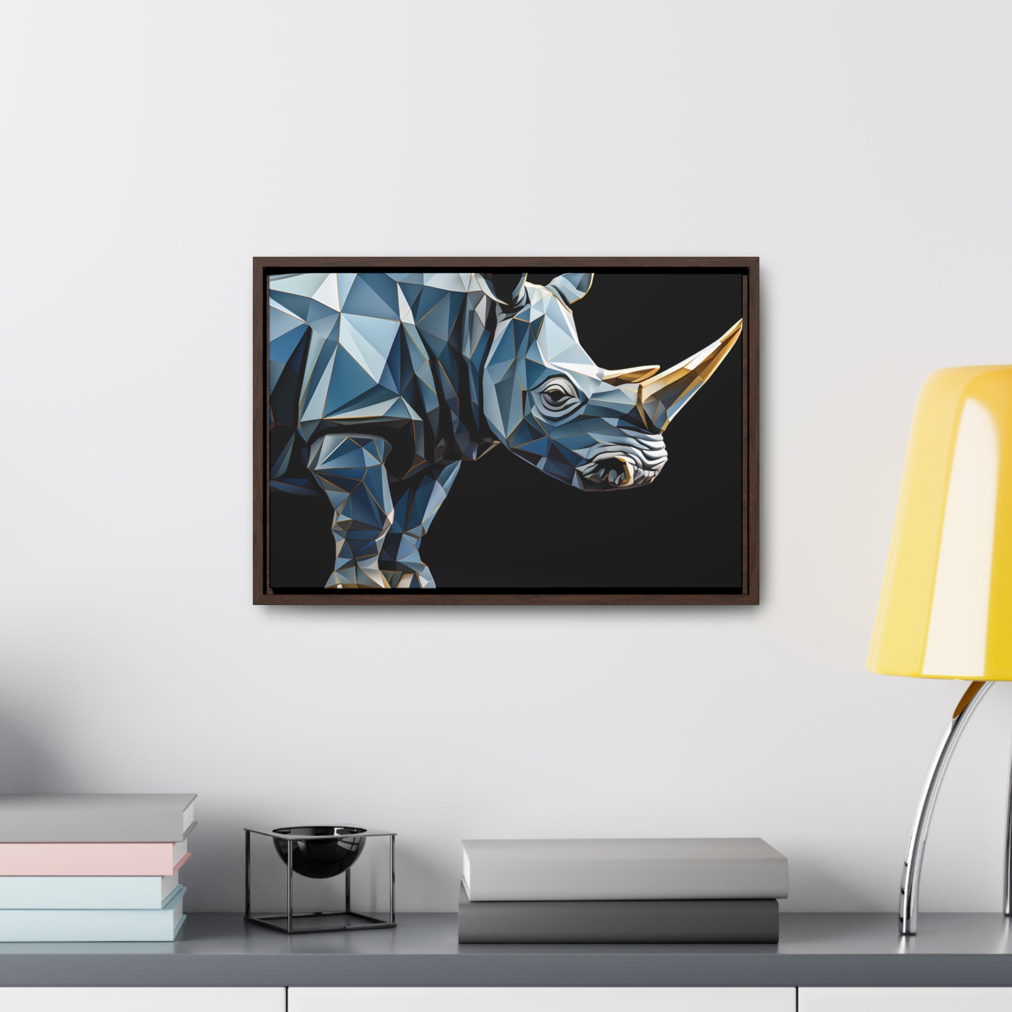 Transcendent Tusk: Blue Cubist Rhino, Giclée wrapped in dark frame