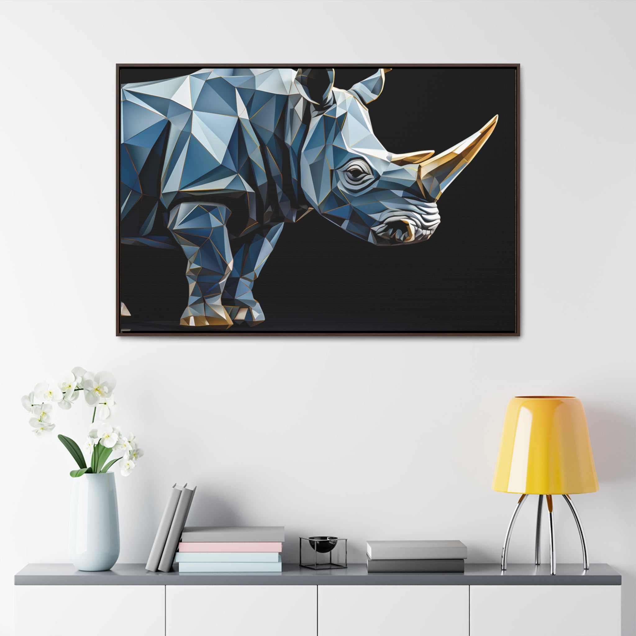 Transcendent Tusk: Blue Cubist Rhino, Giclée wrapped in dark frame