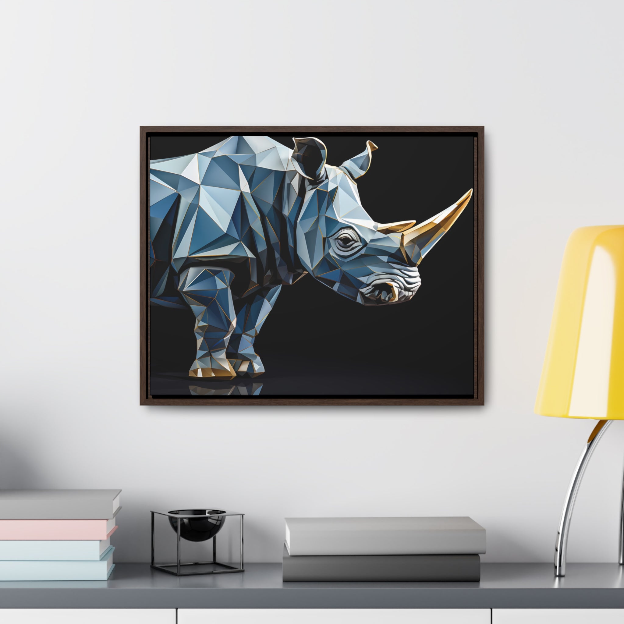 Transcendent Tusk: Blue Cubist Rhino, Giclée wrapped in dark frame