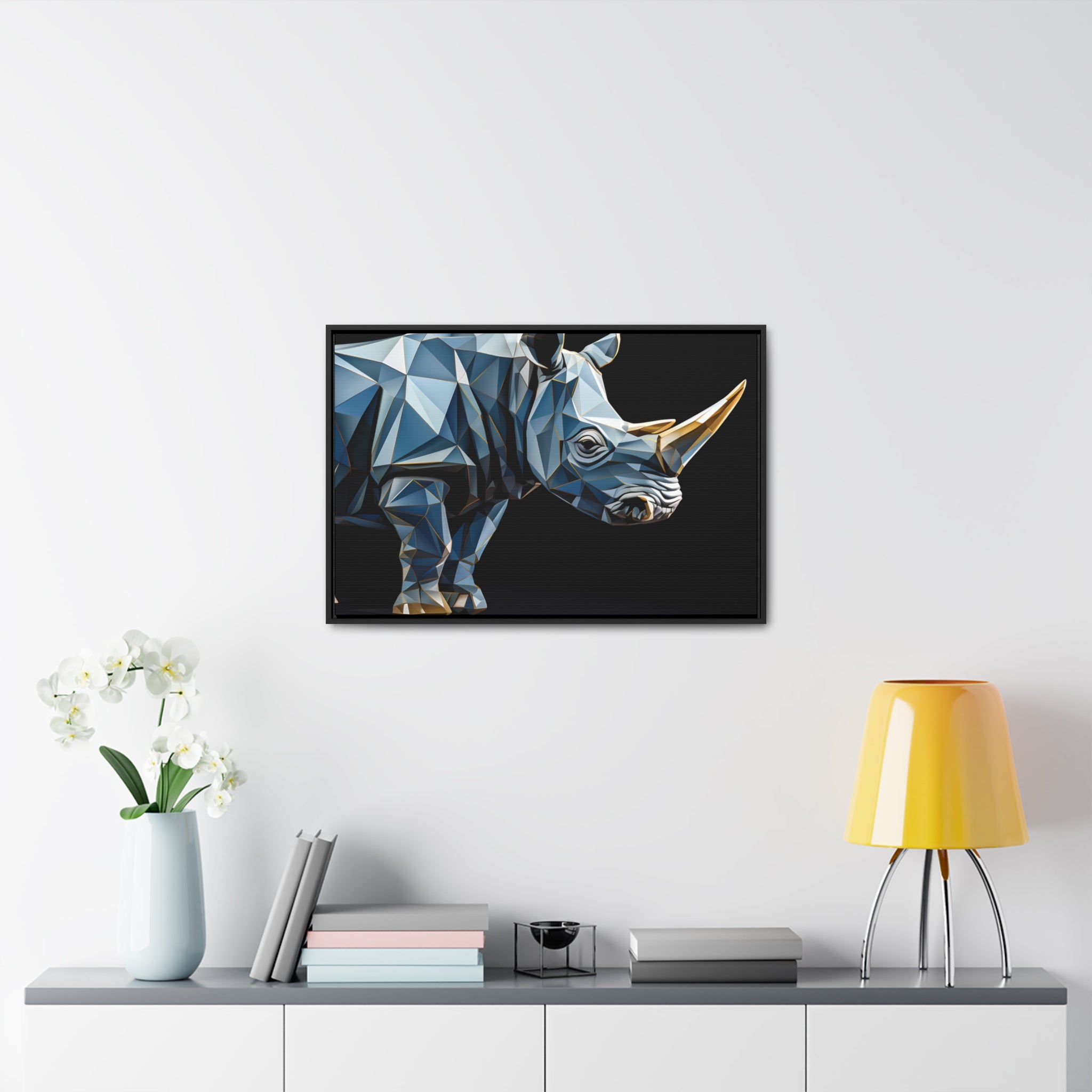 Transcendent Tusk: Blue Cubist Rhino, Giclée wrapped in dark frame