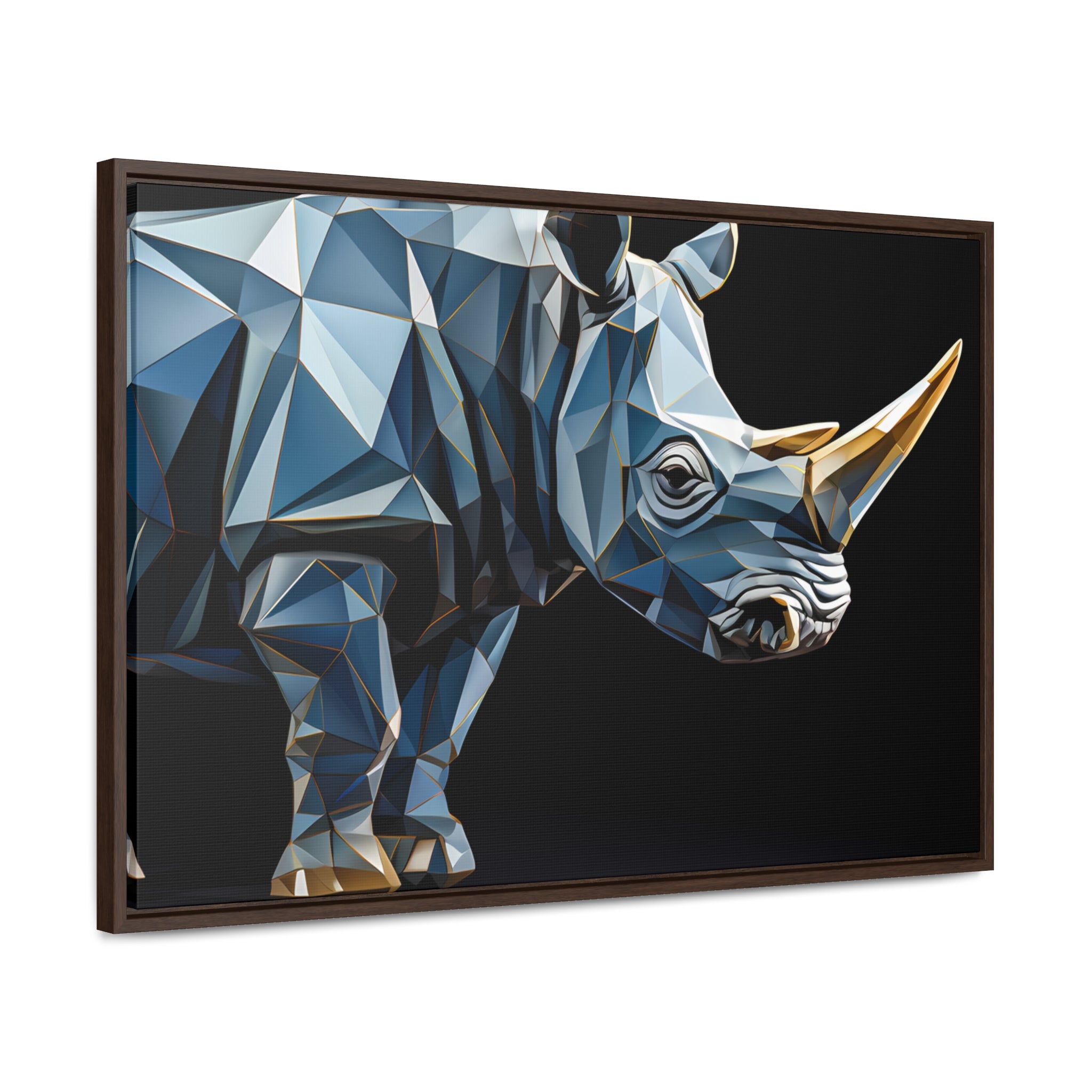 Transcendent Tusk: Blue Cubist Rhino, Giclée wrapped in dark frame