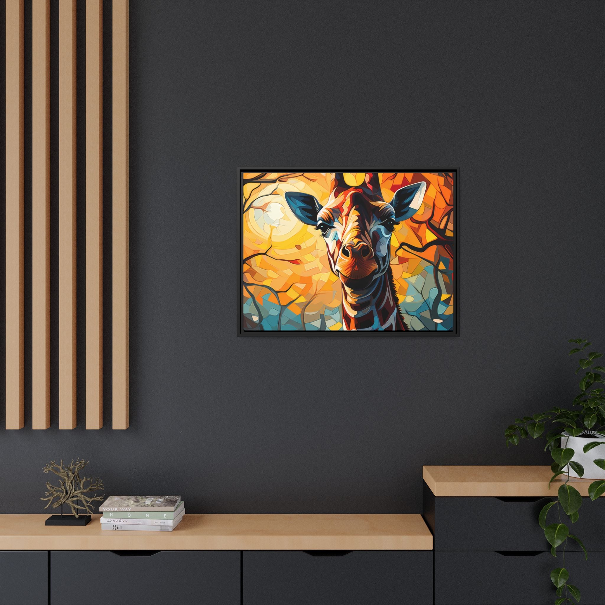 Serenity's Glow: Giraffe in Sunlit Forest (Giclée in Black Frame)