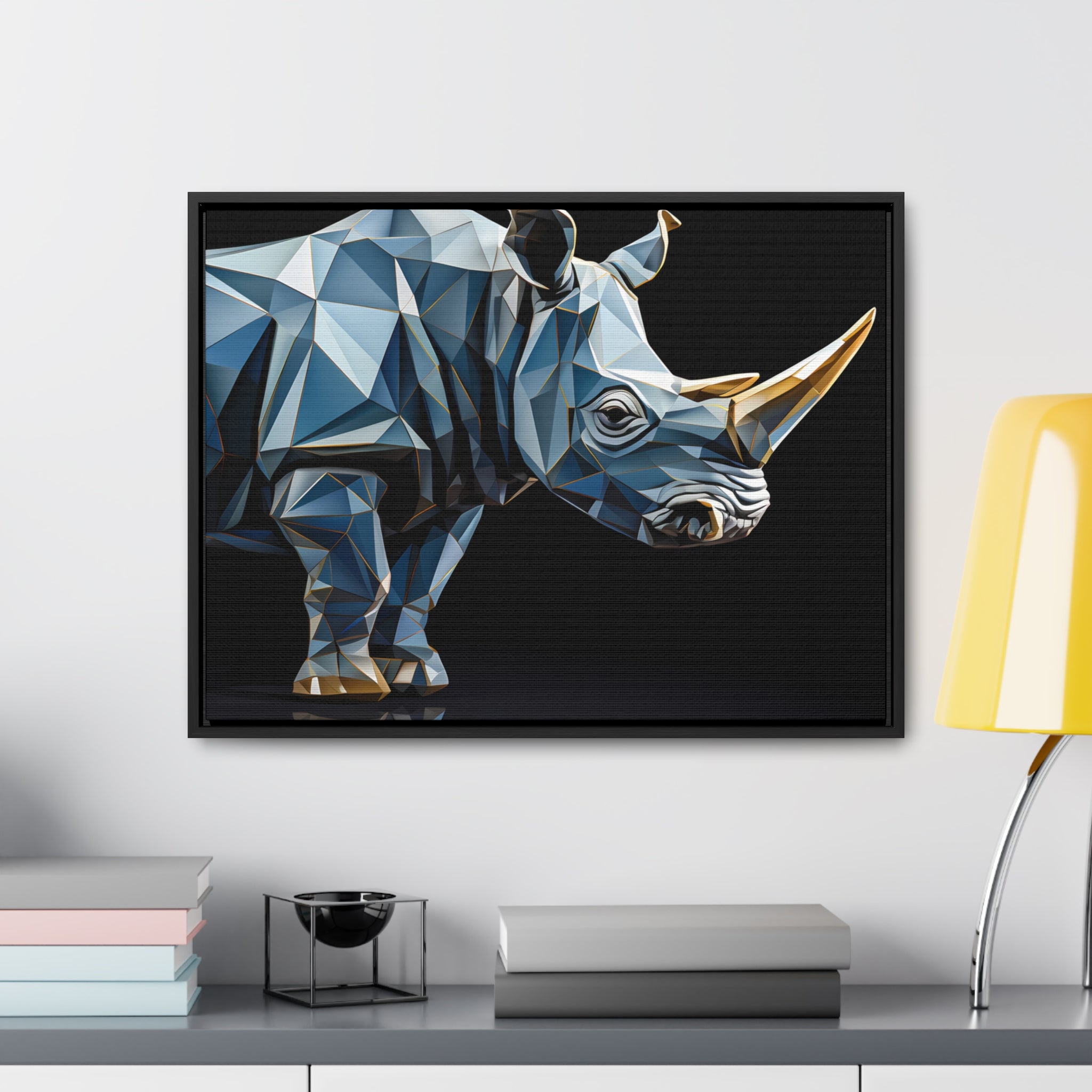 Transcendent Tusk: Blue Cubist Rhino, Giclée wrapped in dark frame