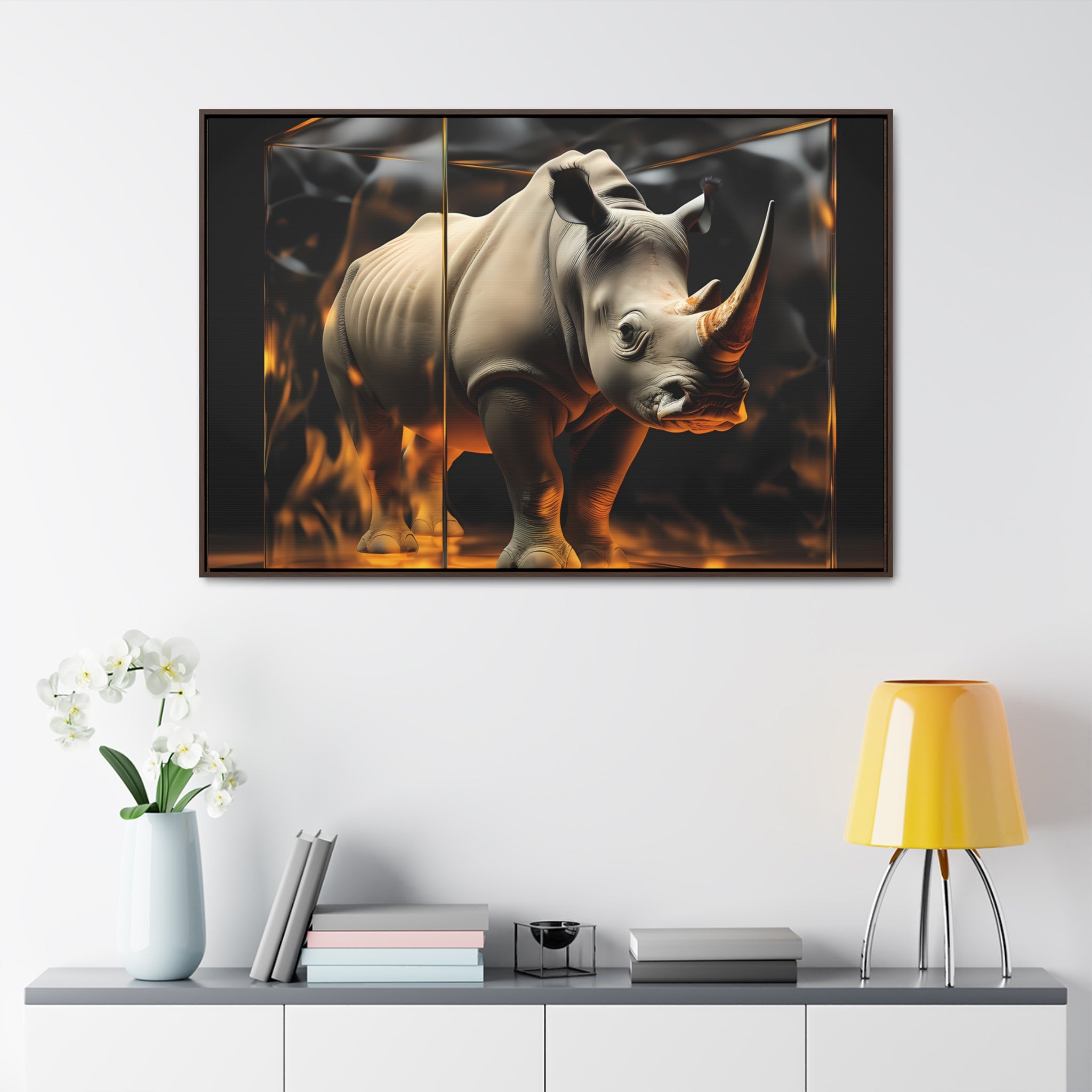 Frozen Flames: Stylized Rhino in Ice and Fire (Giclée)