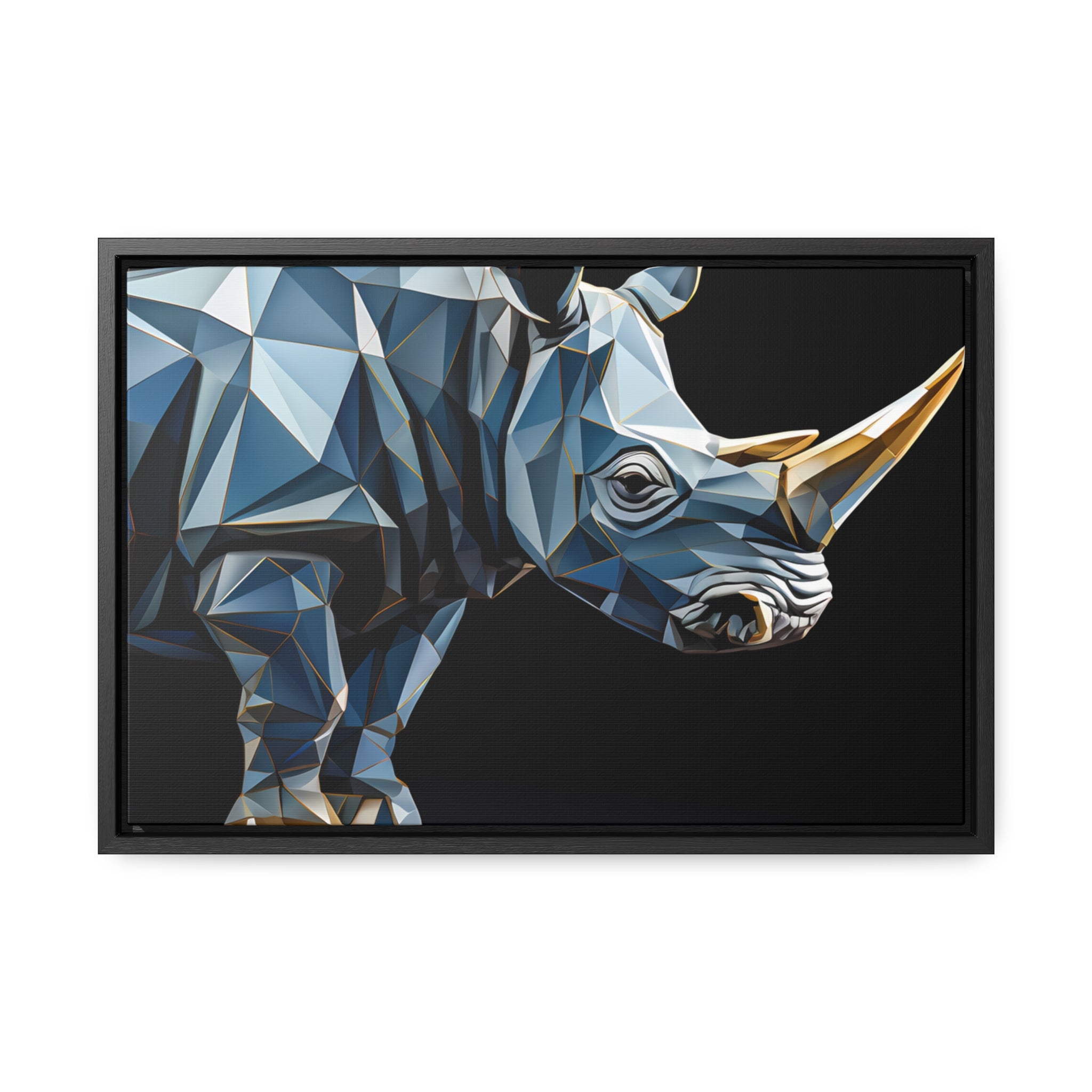 Transcendent Tusk: Blue Cubist Rhino, Giclée wrapped in dark frame