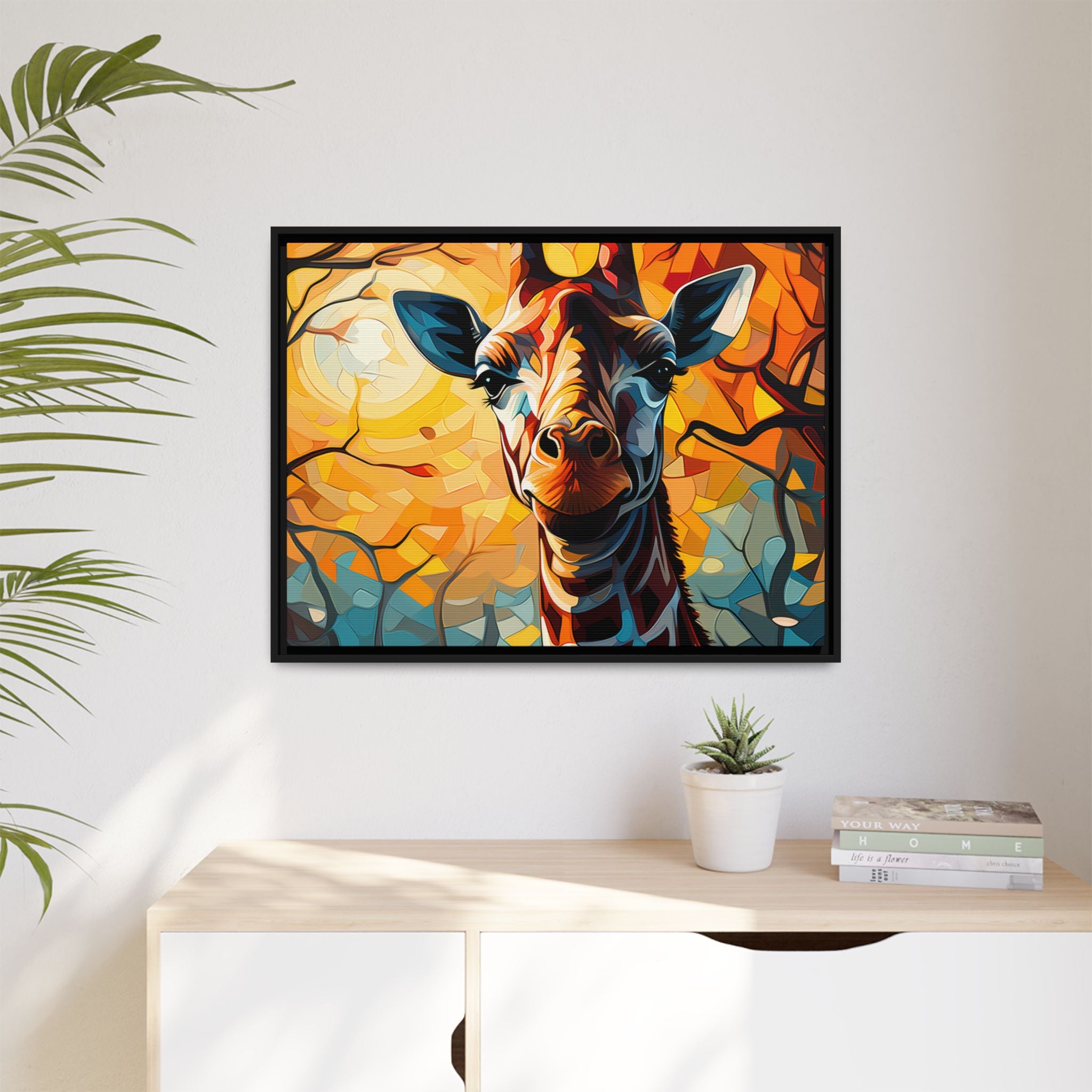 Serenity's Glow: Giraffe in Sunlit Forest (Giclée in Black Frame)