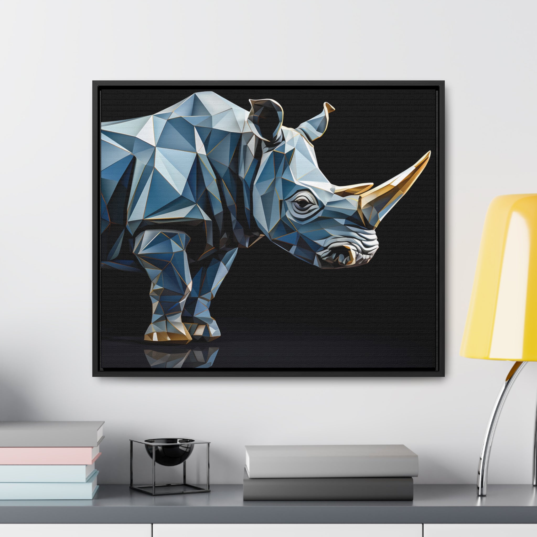 Transcendent Tusk: Blue Cubist Rhino, Giclée wrapped in dark frame