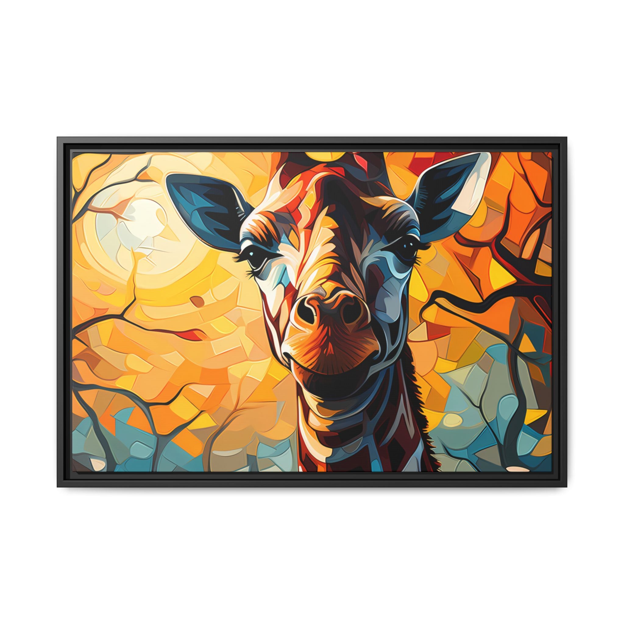 Serenity's Glow: Giraffe in Sunlit Forest (Giclée in Black Frame)