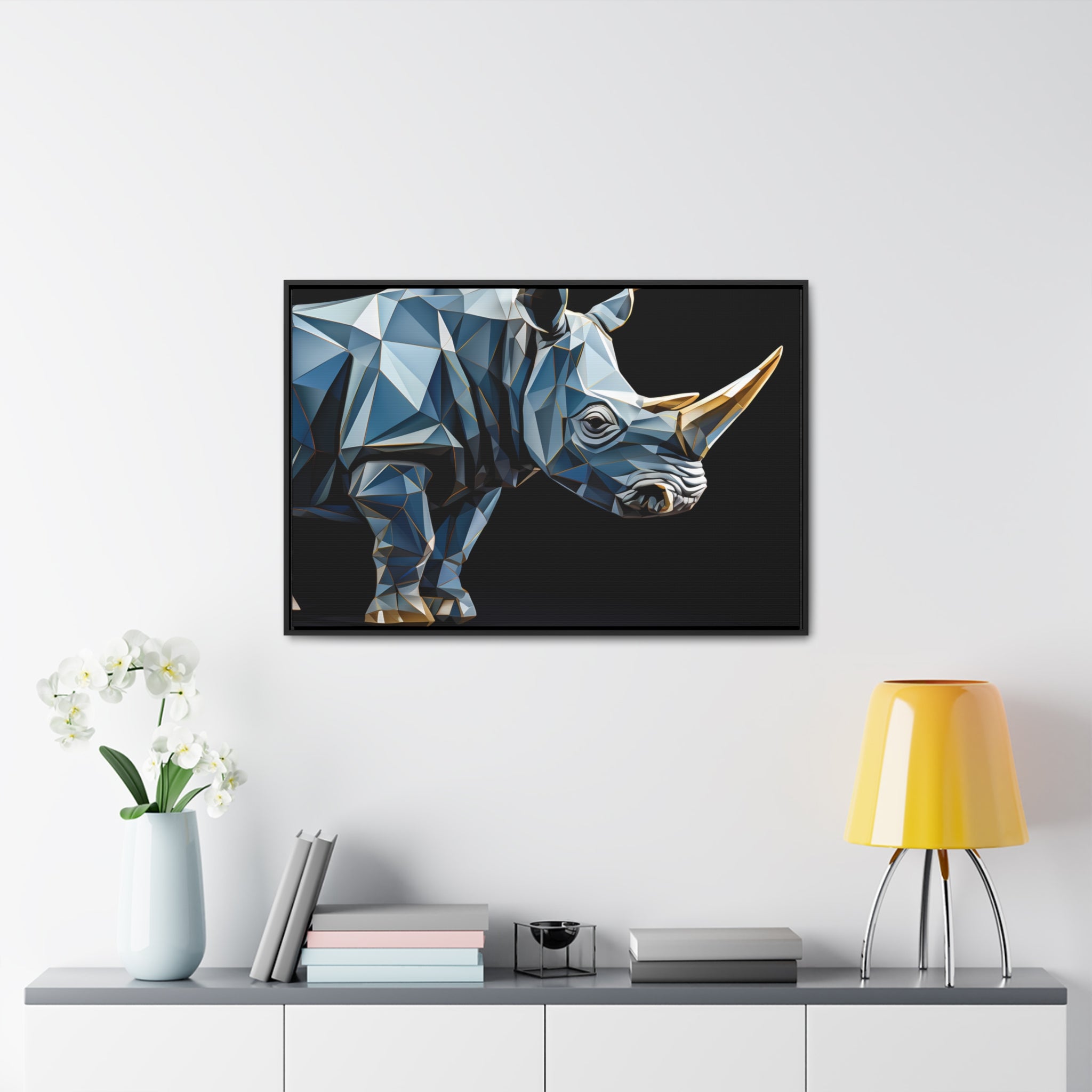 Transcendent Tusk: Blue Cubist Rhino, Giclée wrapped in dark frame