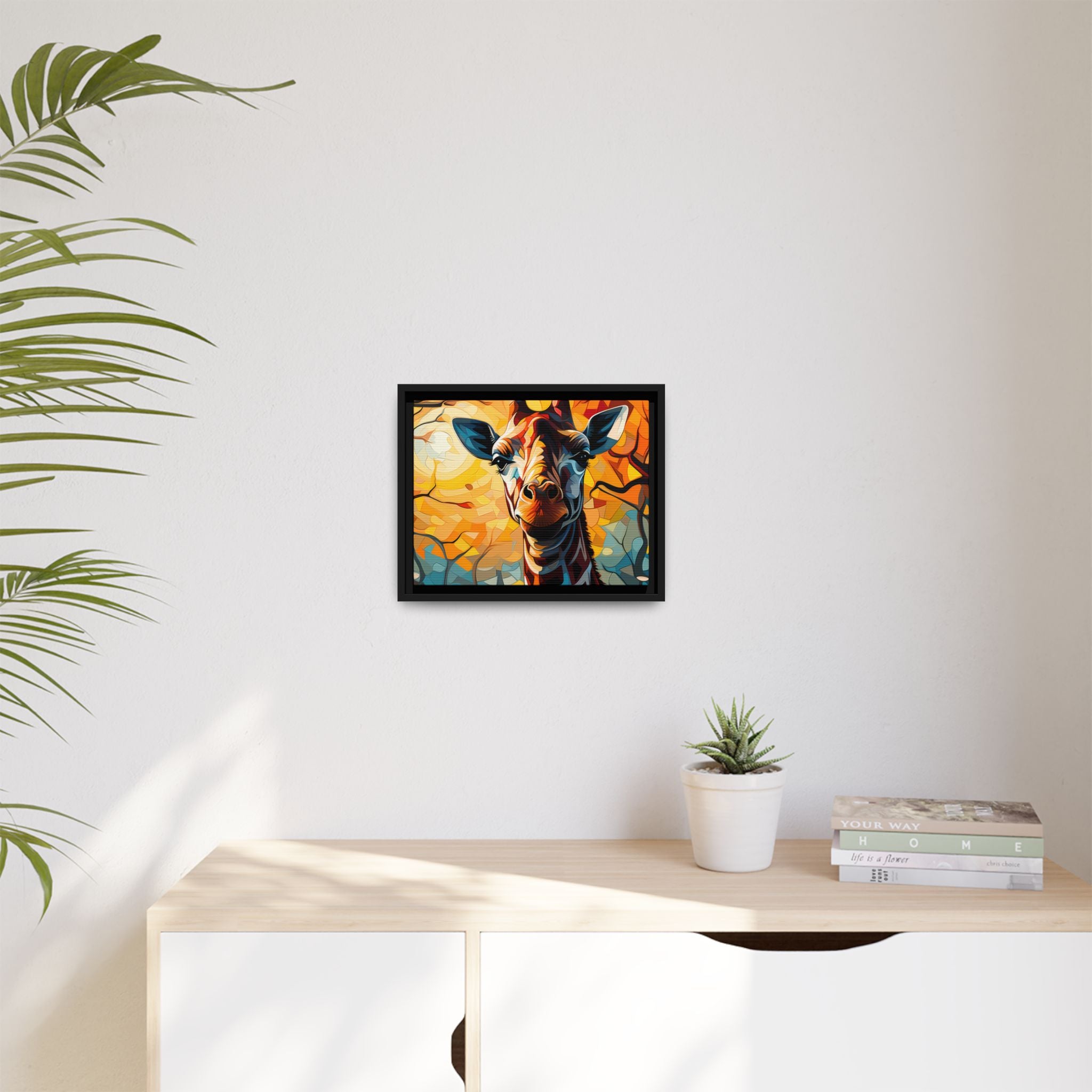 Serenity's Glow: Giraffe in Sunlit Forest (Giclée in Black Frame)