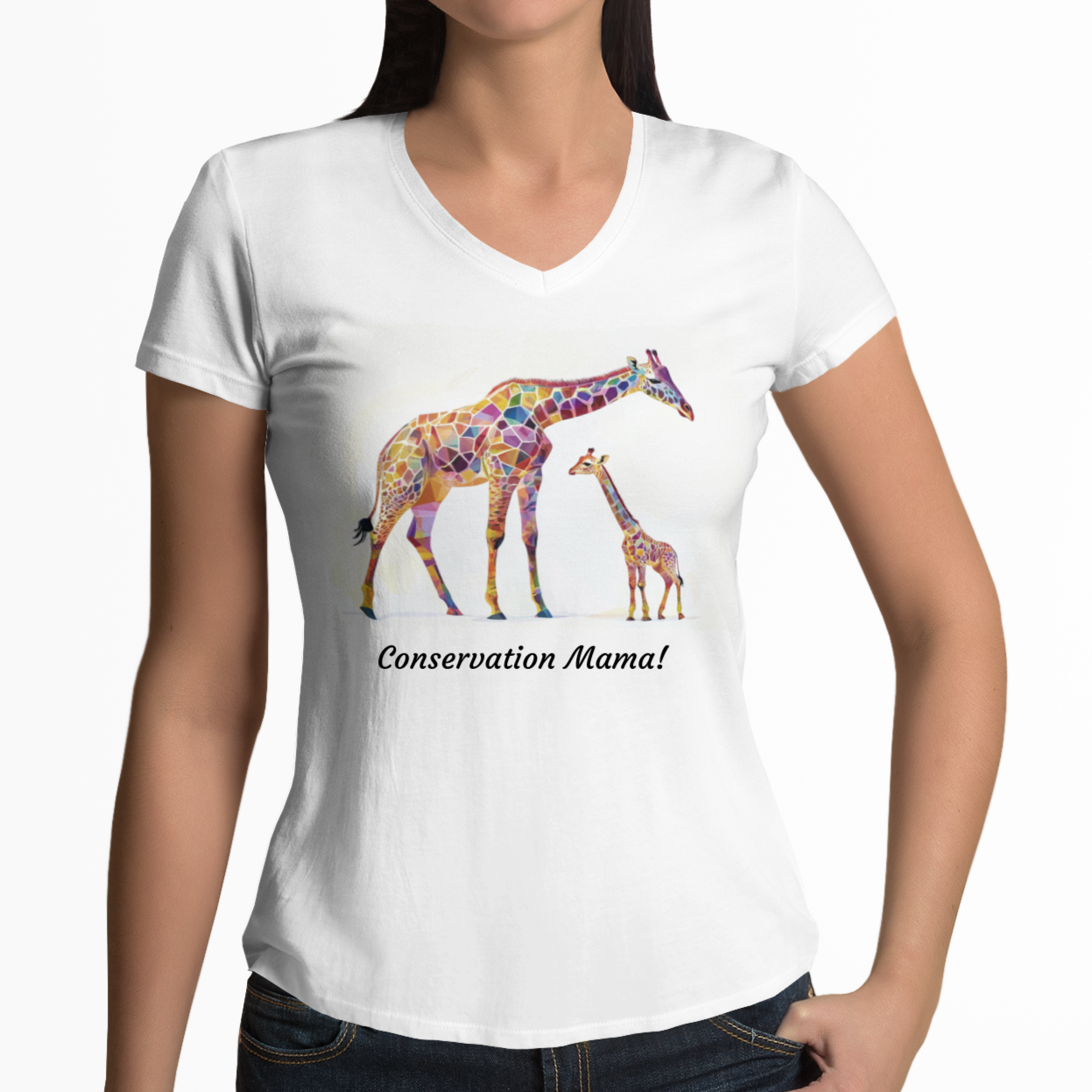 “Conservation Mama!” Mom and Baby Giraffe V-Neck Tee