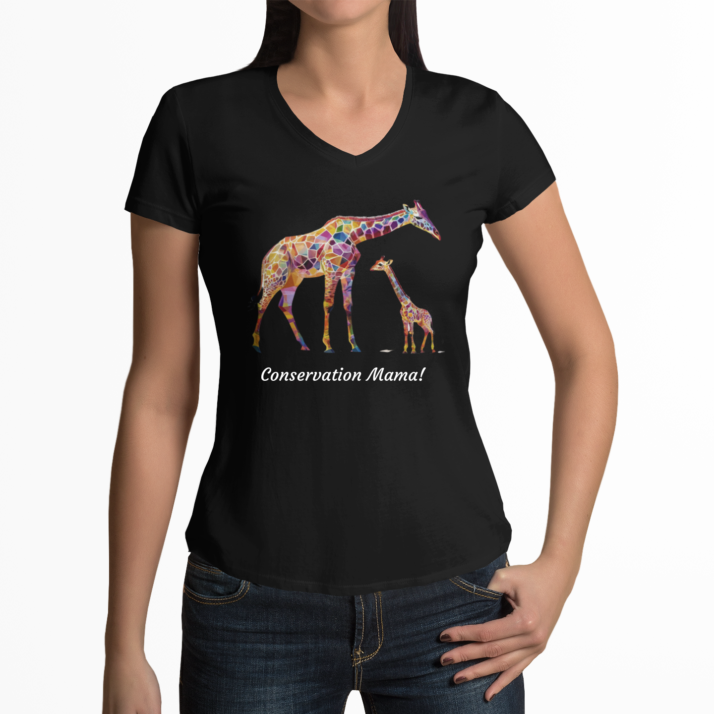 “Conservation Mama!” Mom and Baby Giraffe V-Neck Tee